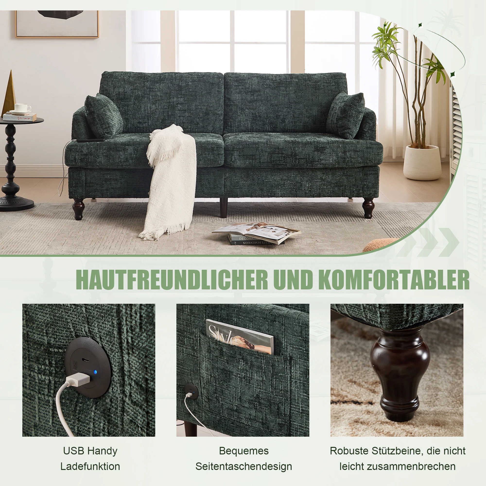 Sofa, Modern 2-Seater with LED Light, USB Port, Storage Bag, Chenille - Image 5