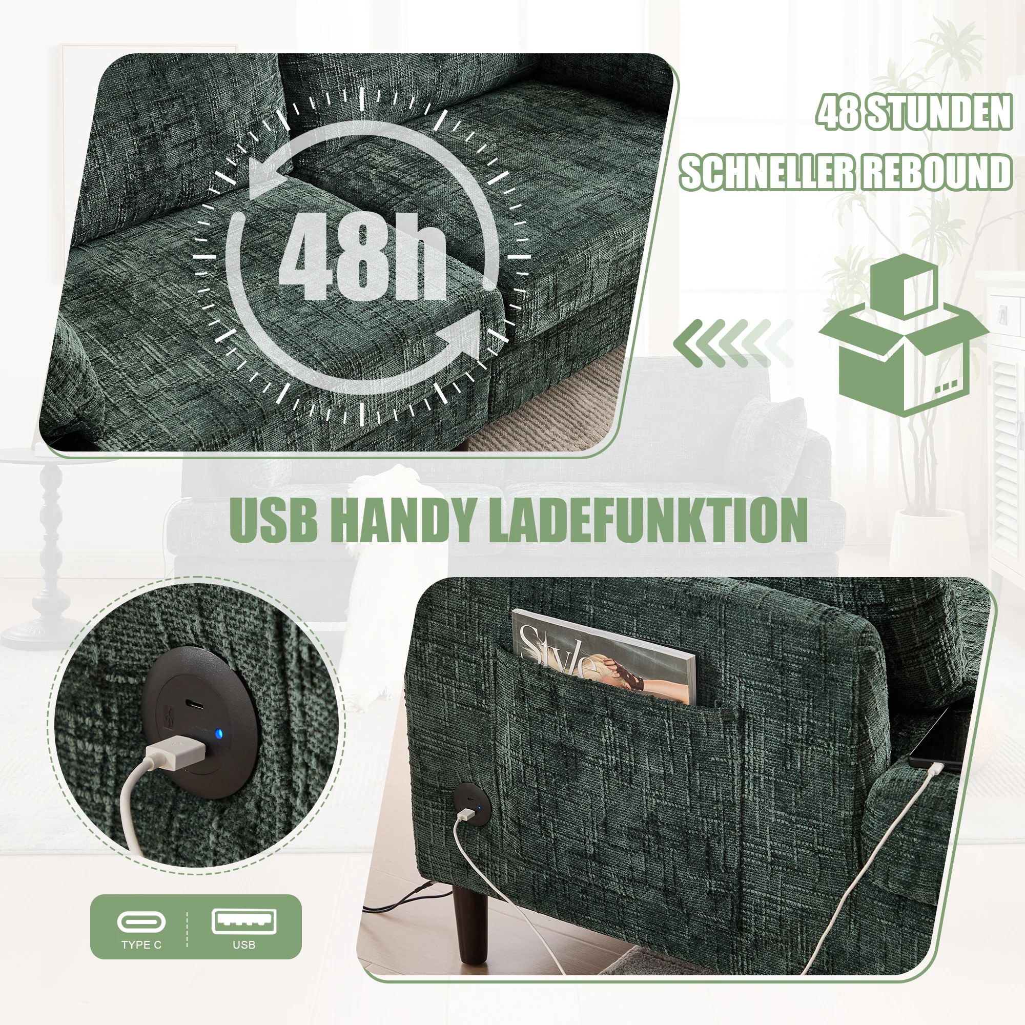 Sofa, Modern 2-Seater with LED Light, USB Port, Storage Bag, Chenille - Image 6