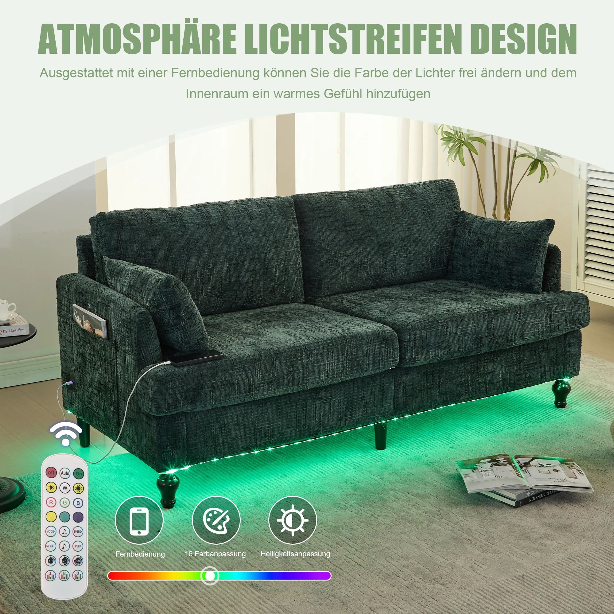 Sofa, Modern 2-Seater with LED Light, USB Port, Storage Bag, Chenille - Image 7