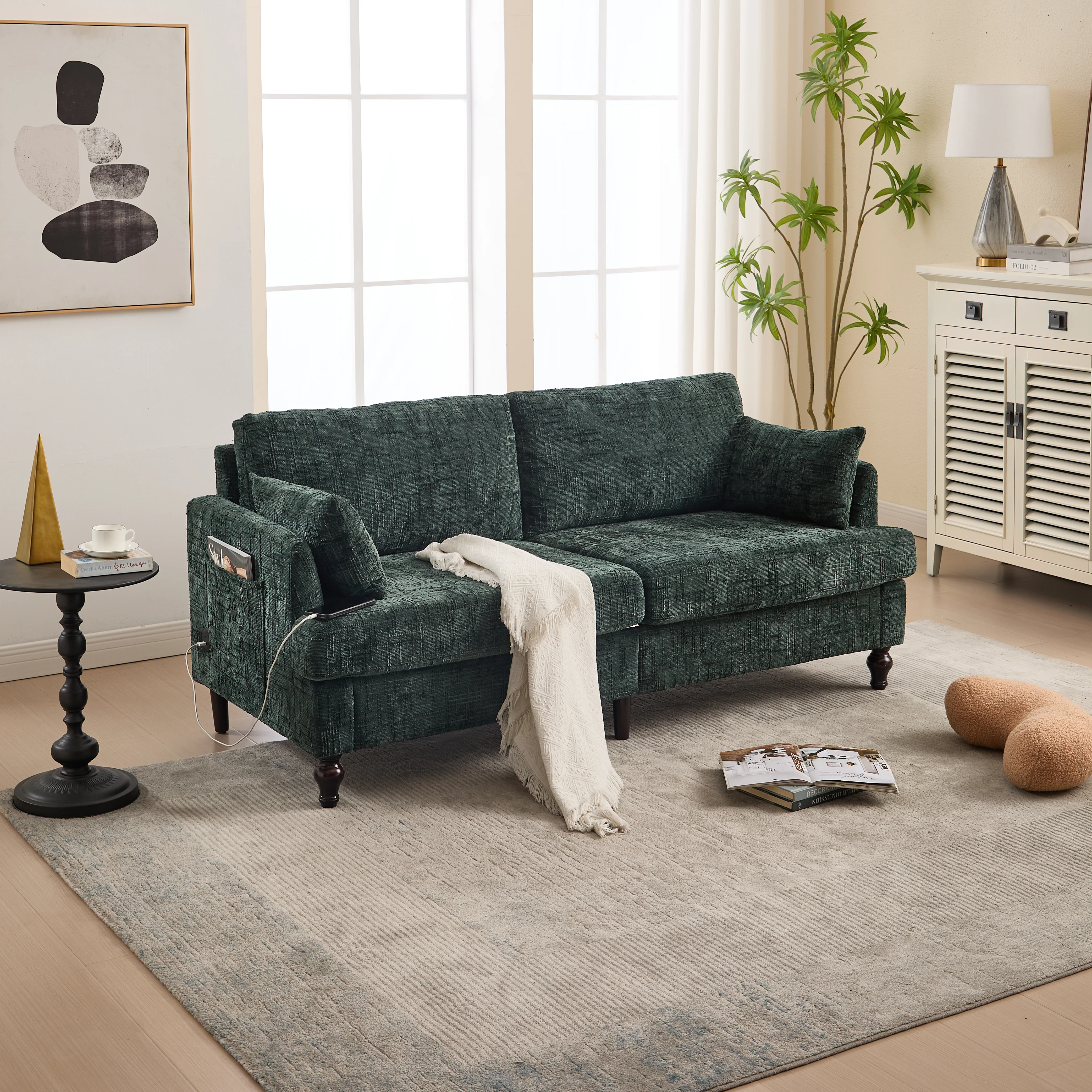 Sofa, Modern 2-Seater with LED Light, USB Port, Storage Bag, Chenille - Image 8