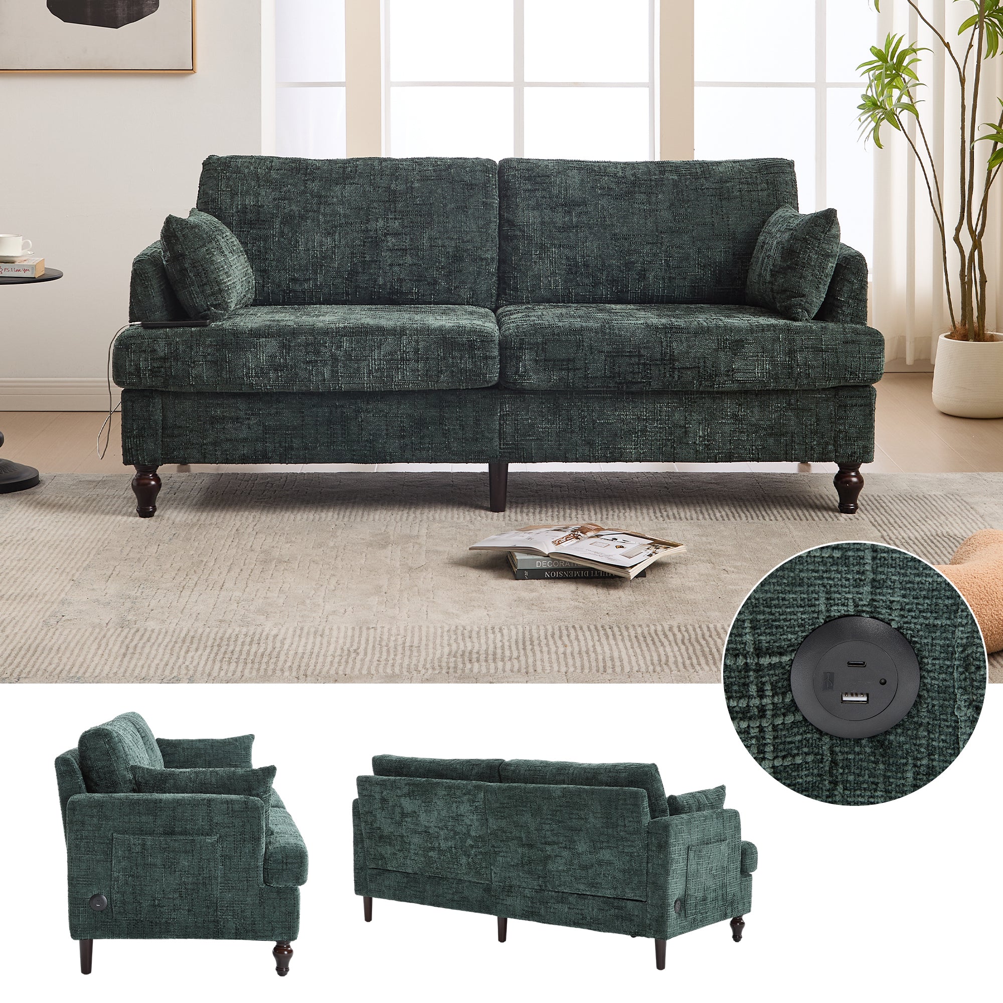 Sofa, Modern 2-Seater with LED Light, USB Port, Storage Bag, Chenille - Image 9