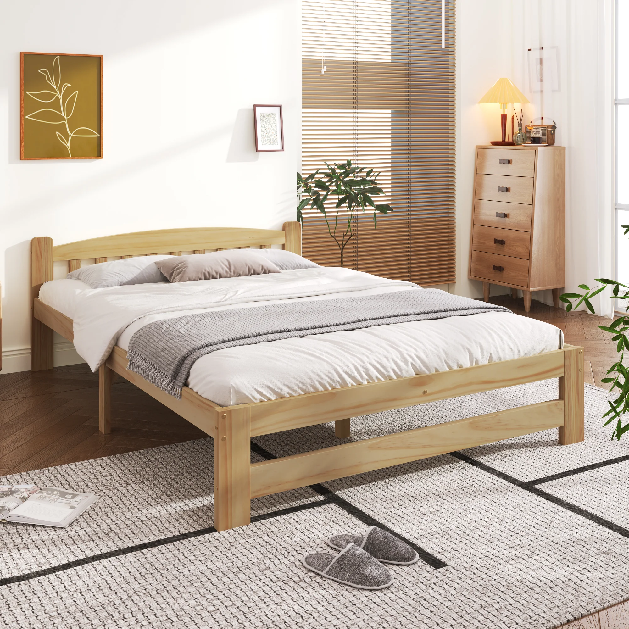 Solid Wood Bed, Futon Double Bed with Headboard & Slatted Frame, Natural, 140x200 cm - Image 2