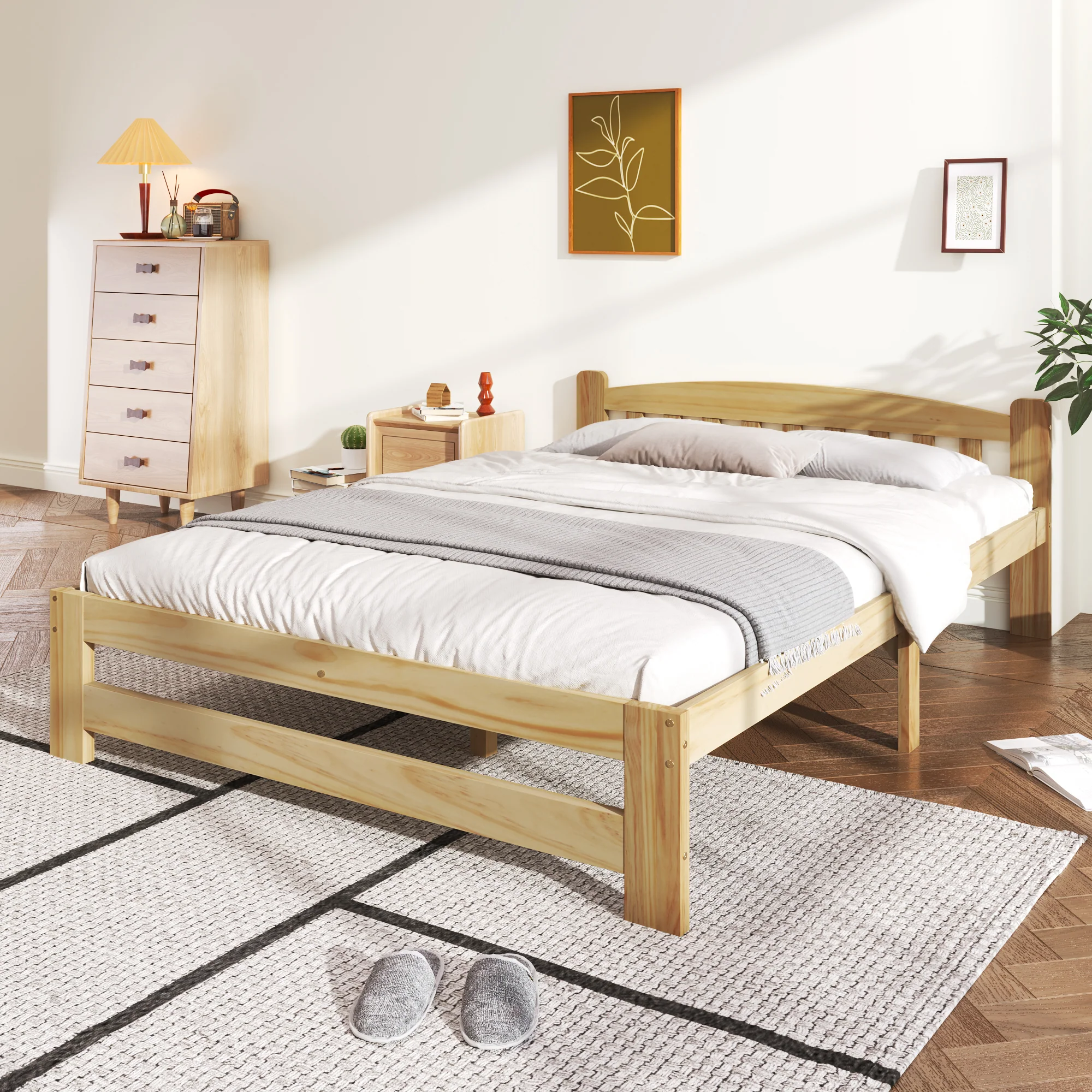 Solid Wood Bed, Futon Double Bed with Headboard & Slatted Frame, Natural, 140x200 cm - Image 3