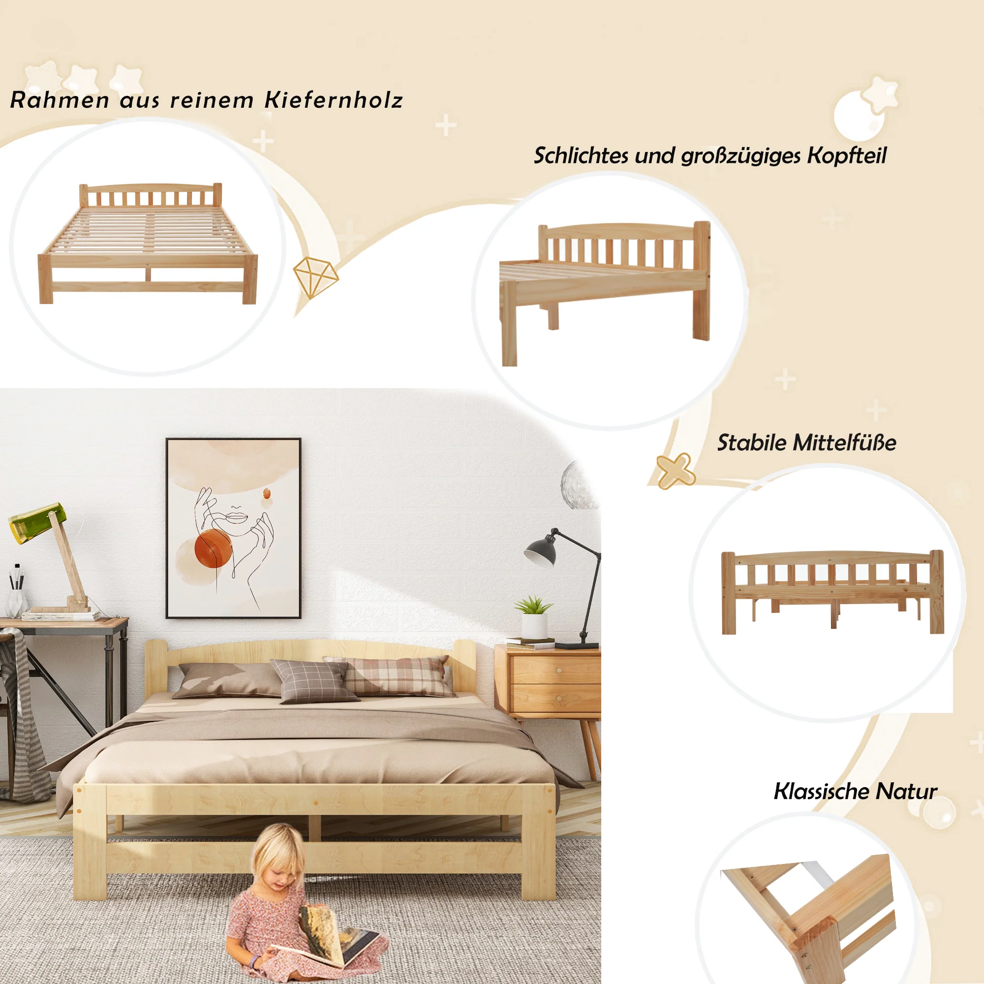 Solid Wood Bed, Futon Double Bed with Headboard & Slatted Frame, Natural, 140x200 cm - Image 4