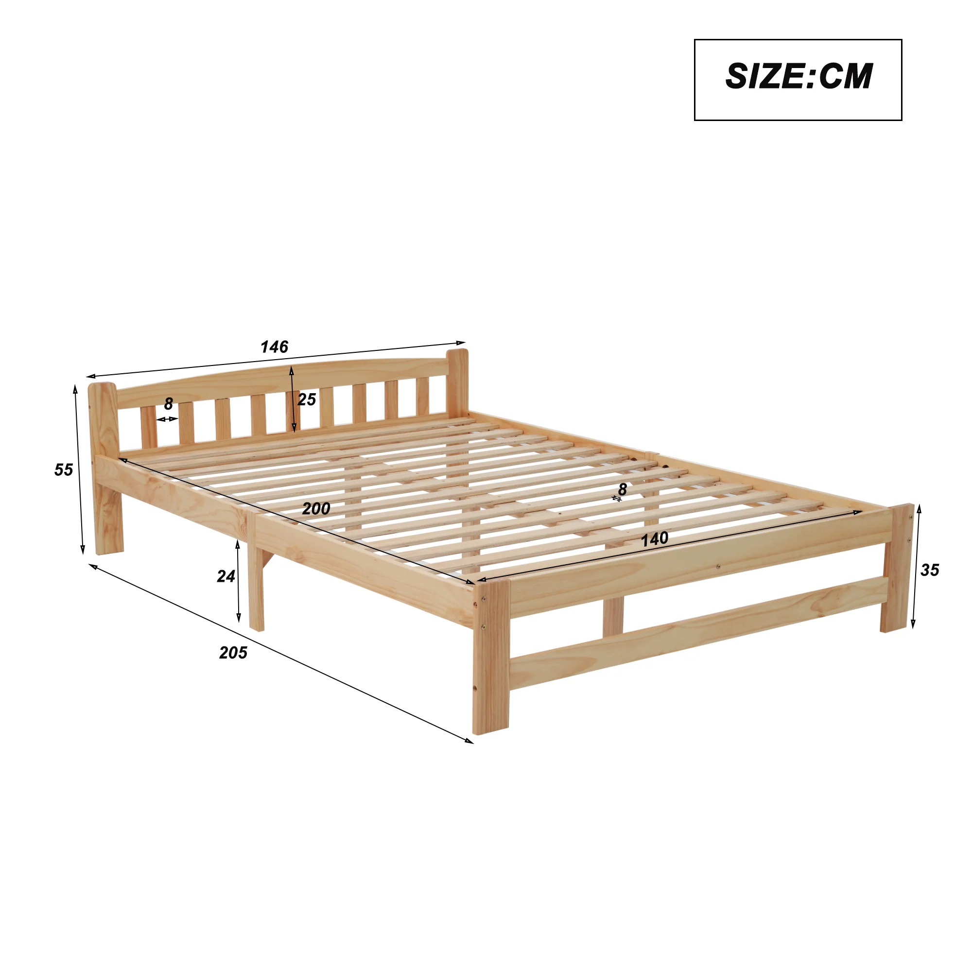 Solid Wood Bed, Futon Double Bed with Headboard & Slatted Frame, Natural, 140x200 cm - Image 5