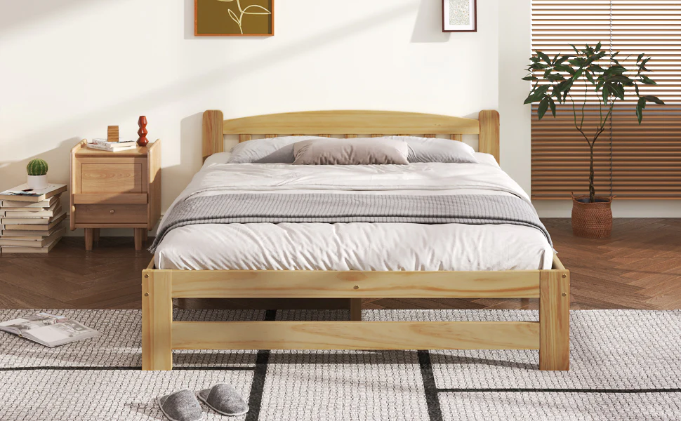 Solid Wood Bed, Futon Double Bed with Headboard & Slatted Frame, Natural, 140x200 cm - Image 6