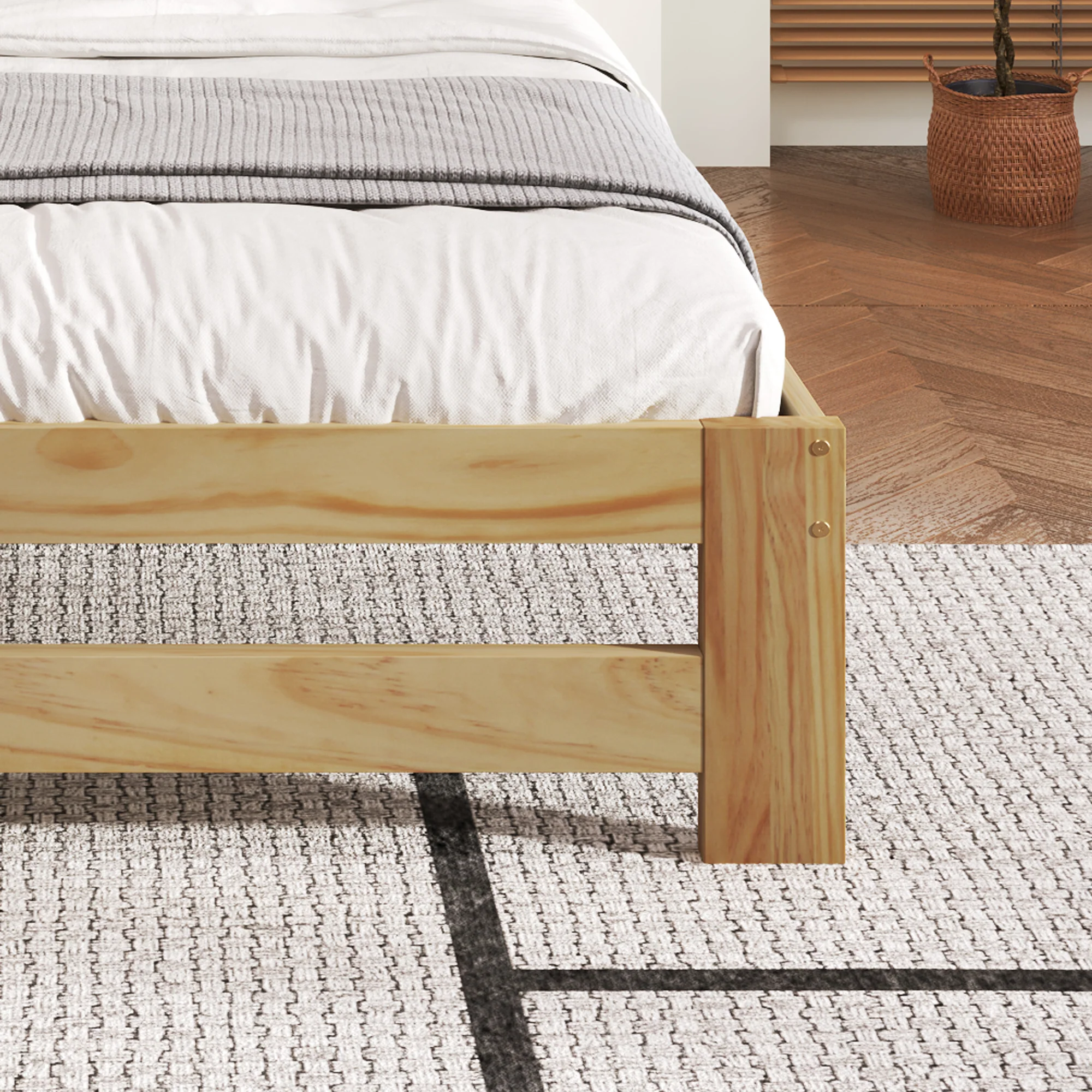 Solid Wood Bed, Futon Double Bed with Headboard & Slatted Frame, Natural, 140x200 cm - Image 7