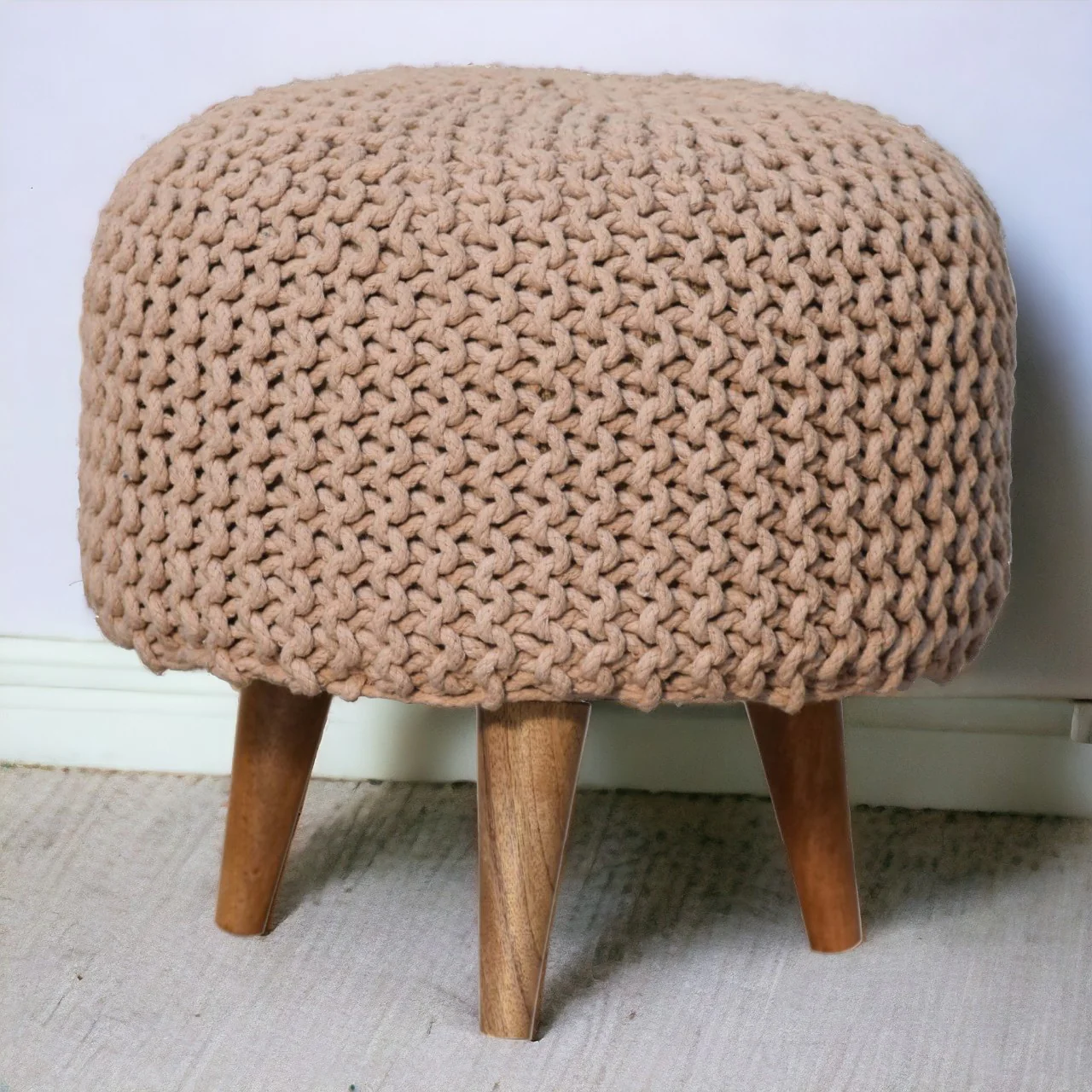Solid Wood Keeva Round Footstool, Upholstered, Peach