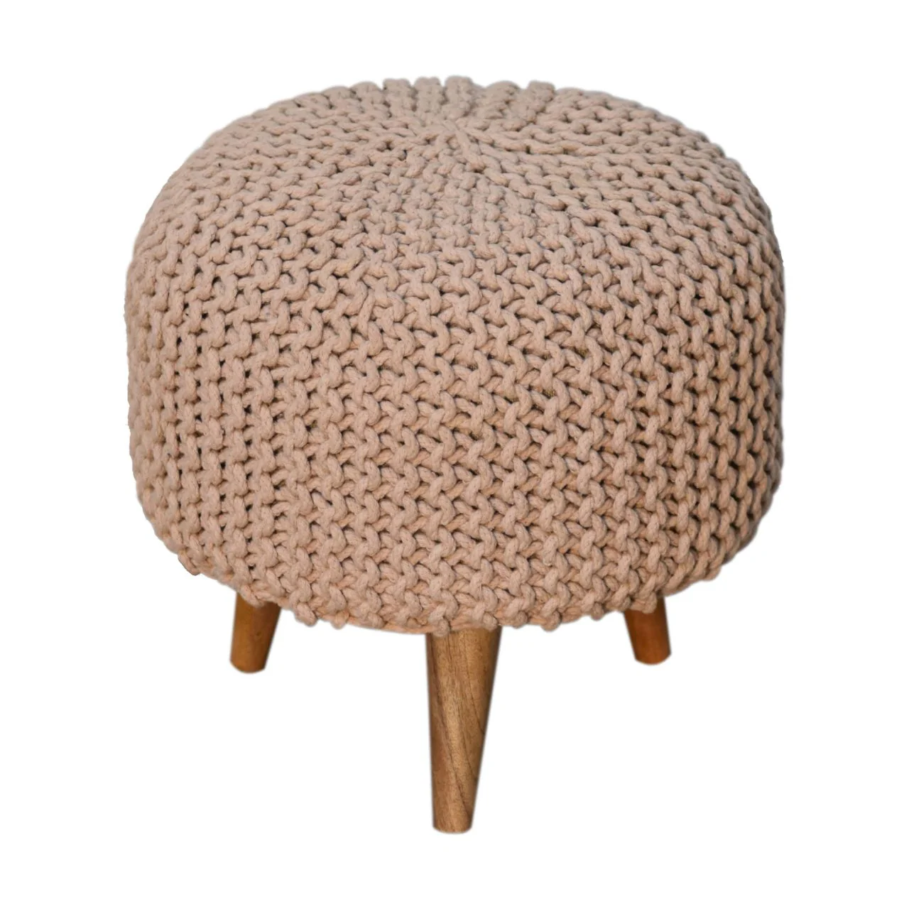 Solid Wood Keeva Round Footstool, Upholstered, Peach - Image 5