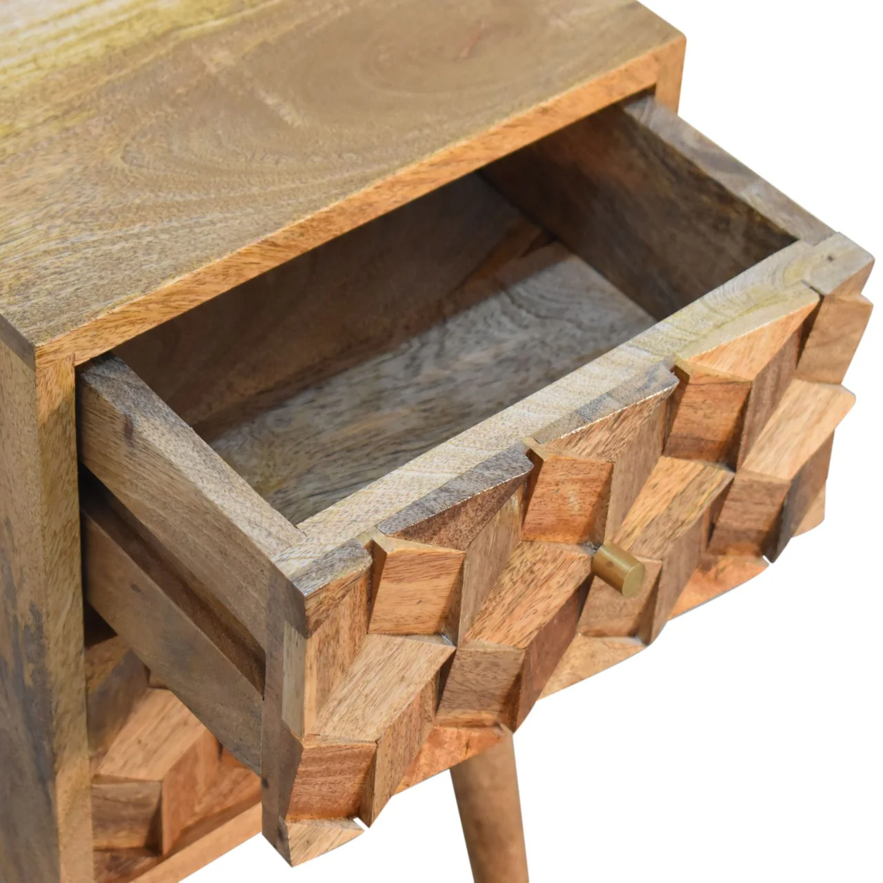 Solid Wood Mini Cube Carved 2 Drawer Bedside, Brown - Image 7
