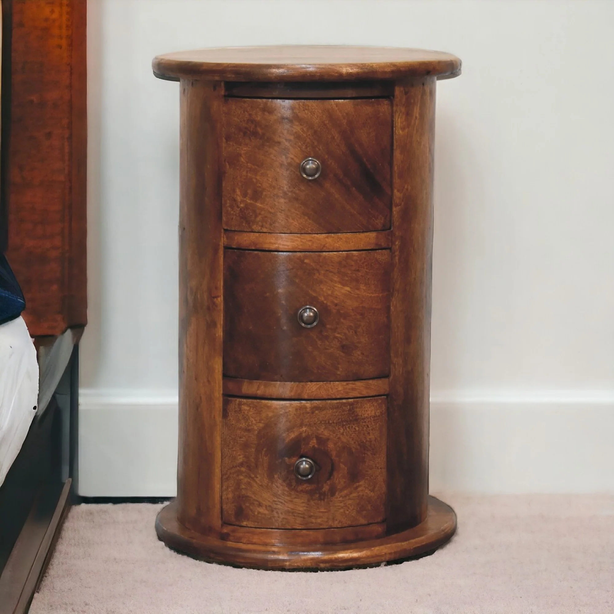 Solid Wood Mini Drum Chest with 3 Drawers, Dark Brown
