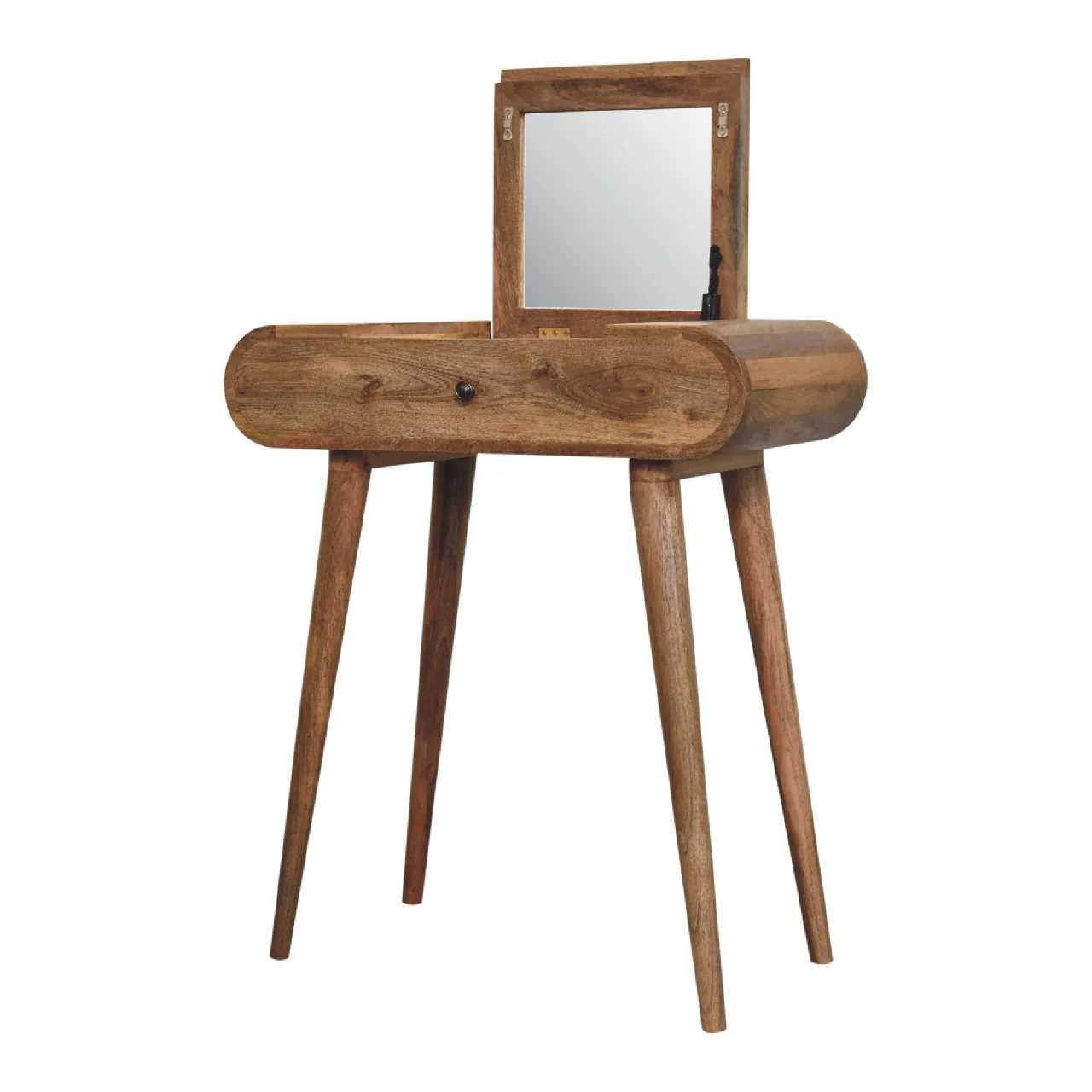Solid Wood Mini Round Dressing Table, 1 Drawer, Nordic Legs, Brown - Image 4