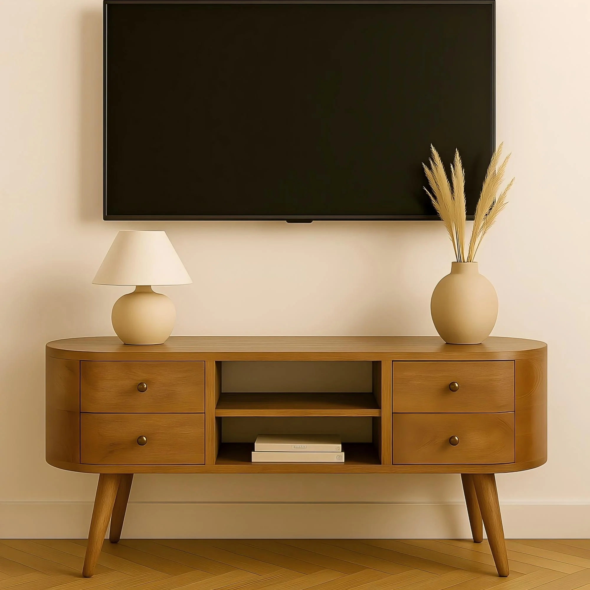 Solid Wood Rounded Entertainment Unit, 4 Drawers 2 Shelves, Brown