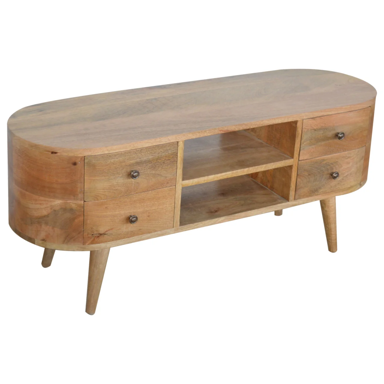 Solid Wood Rounded Entertainment Unit, 4 Drawers 2 Shelves, Brown - Image 3