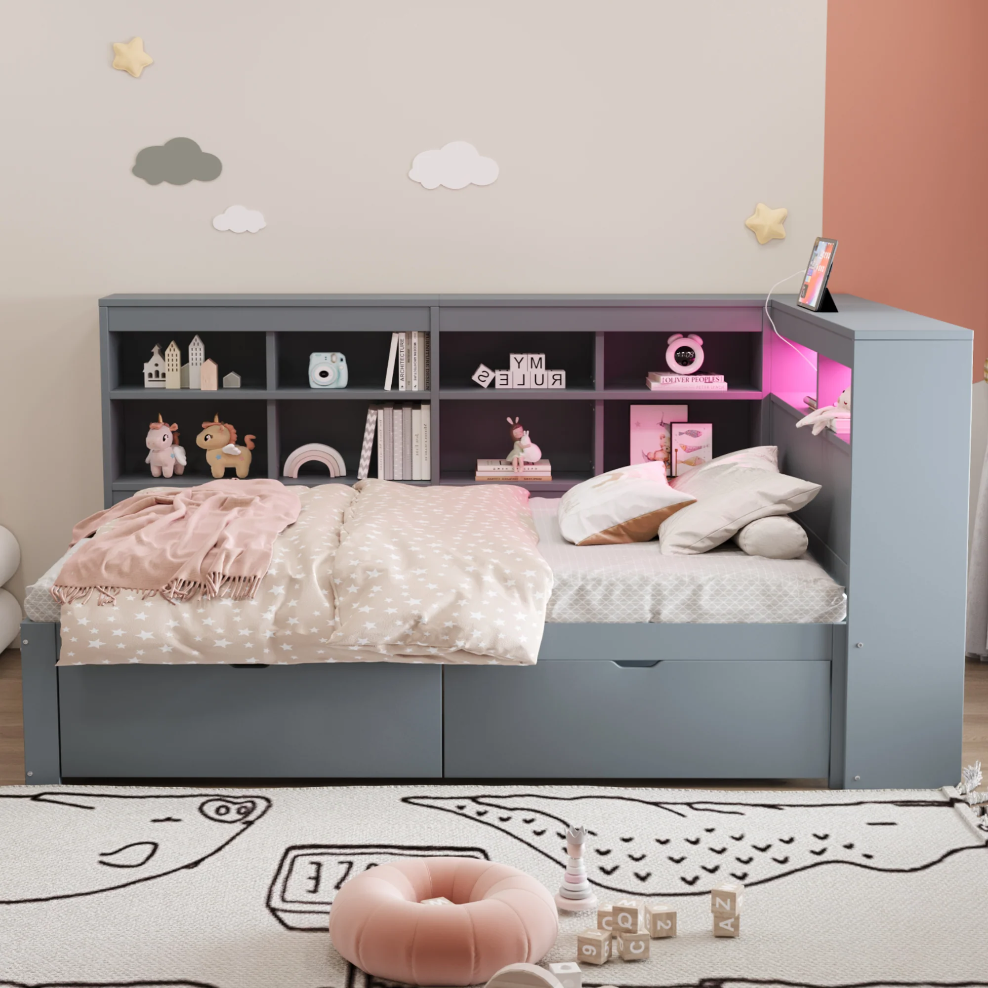 Solid Wood Sofa Bed 90x200cm Multifunctional Storage USB LED Grey - Image 2