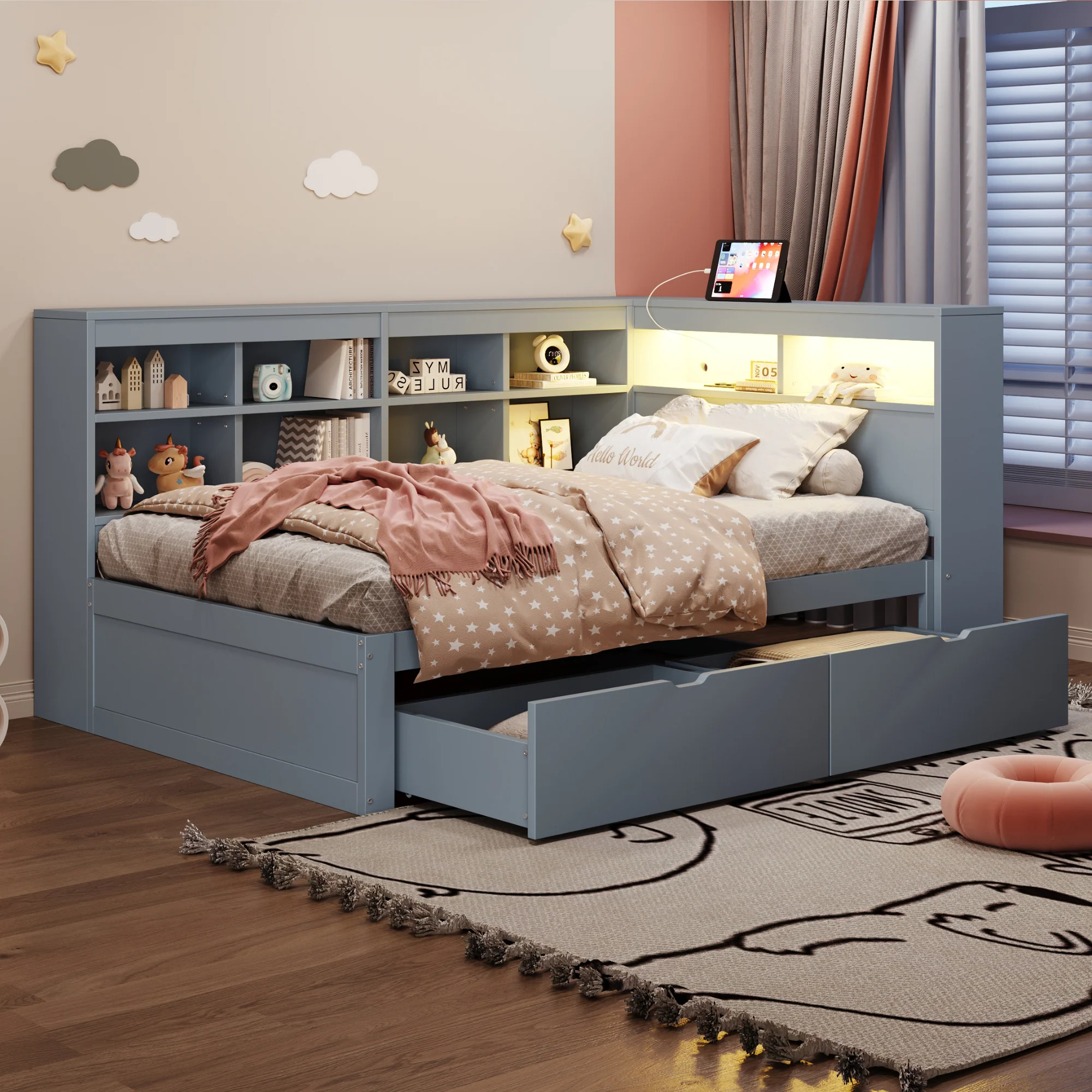 Solid Wood Sofa Bed 90x200cm Multifunctional Storage USB LED Grey - Image 3