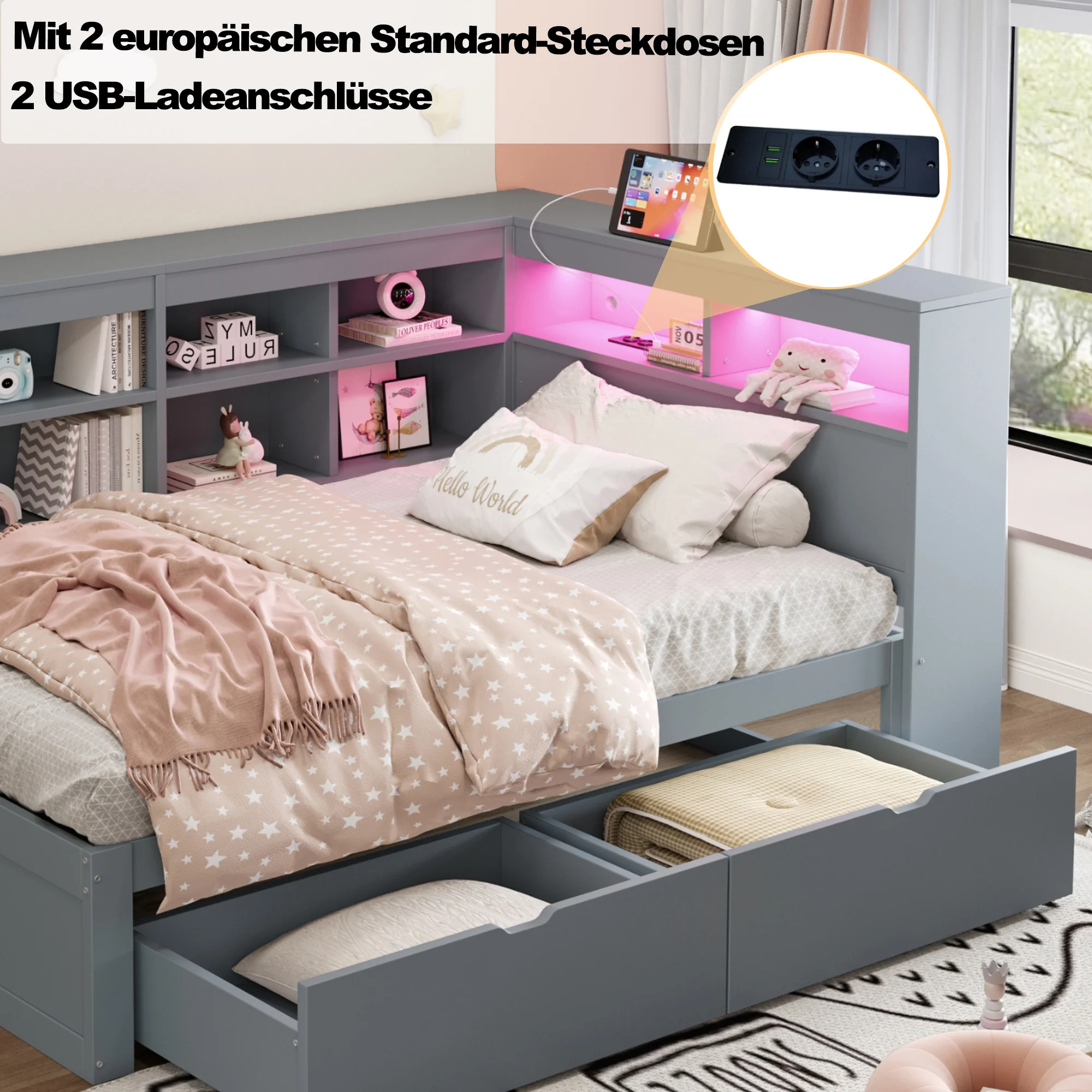 Solid Wood Sofa Bed 90x200cm Multifunctional Storage USB LED Grey - Image 4