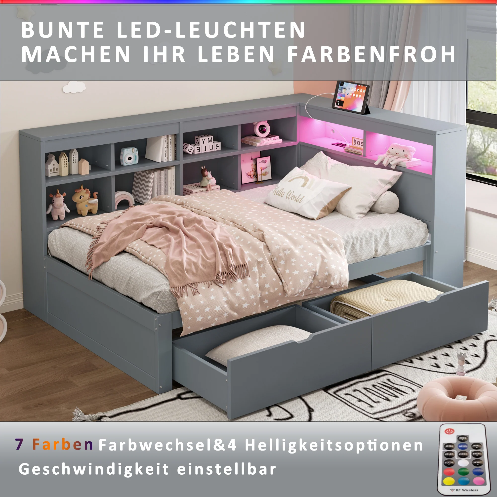 Solid Wood Sofa Bed 90x200cm Multifunctional Storage USB LED Grey - Image 5