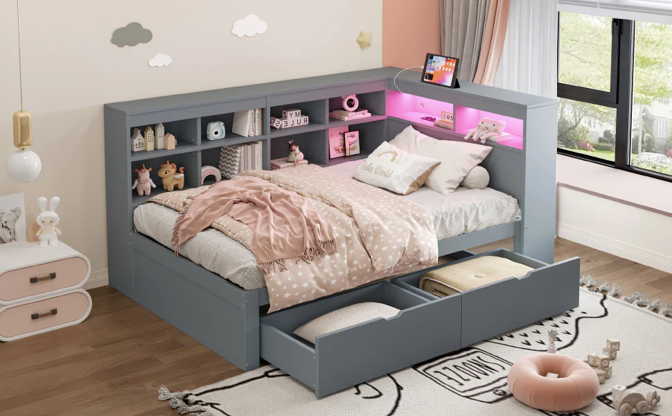 Solid Wood Sofa Bed 90x200cm Multifunctional Storage USB LED Grey - Image 6