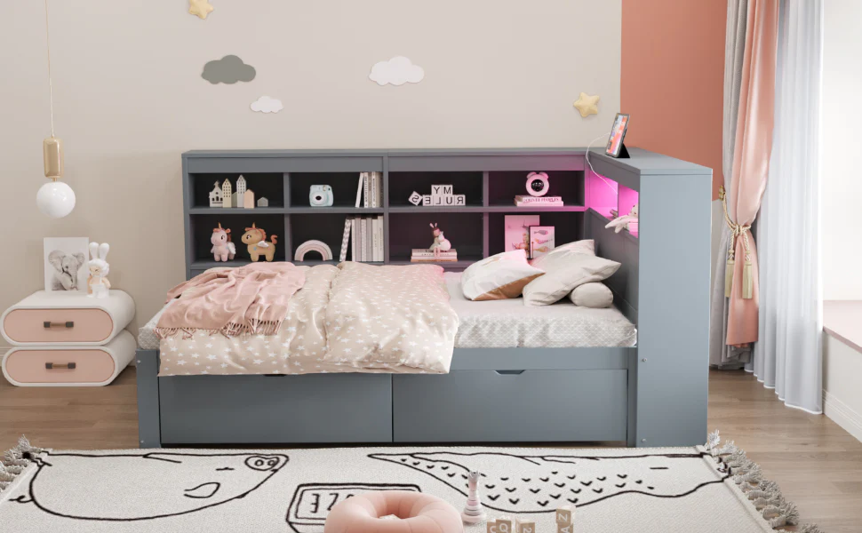 Solid Wood Sofa Bed 90x200cm Multifunctional Storage USB LED Grey - Image 7