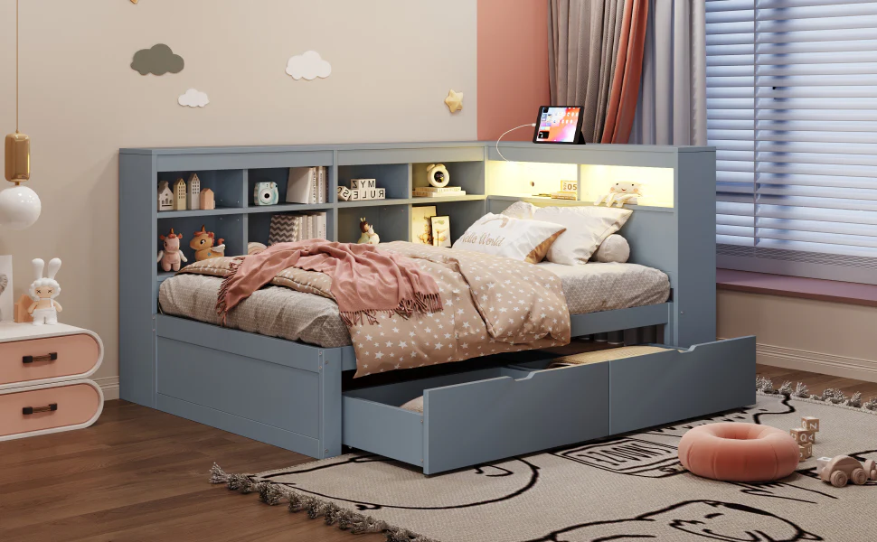 Solid Wood Sofa Bed 90x200cm Multifunctional Storage USB LED Grey - Image 8