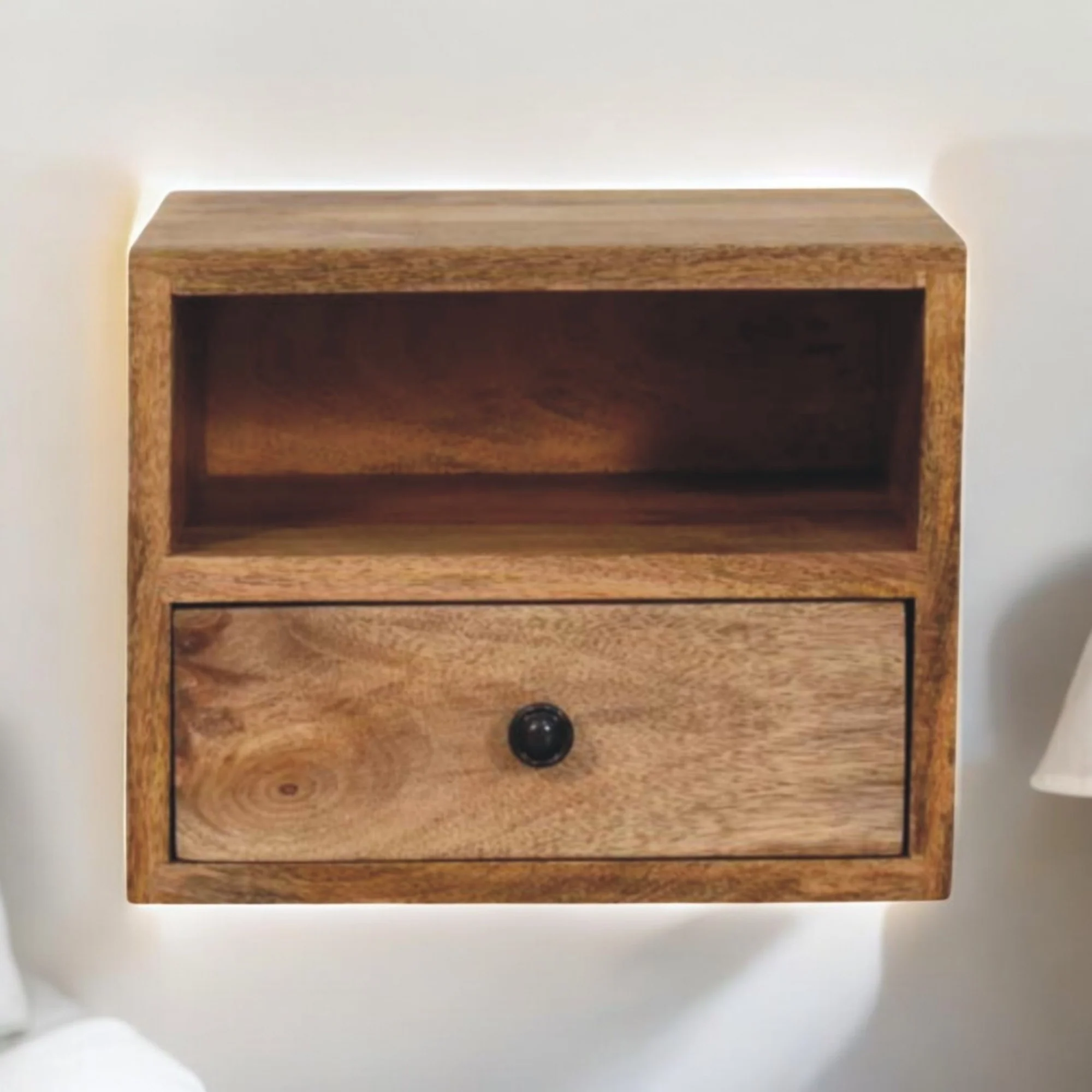 Solid Wood Solis Wall Mounted Nightstand with Drawer, Brown Oak-ish