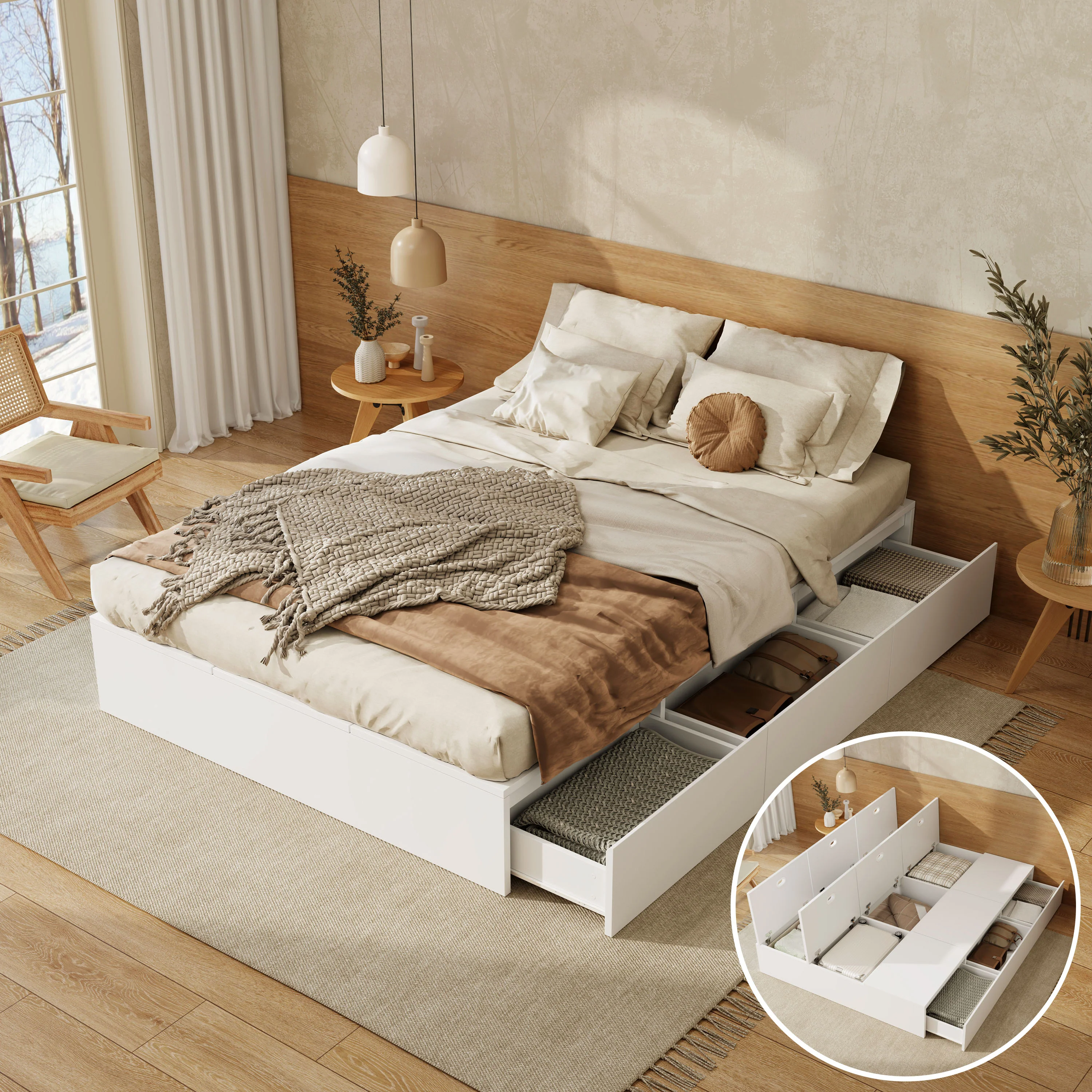 Solid Wood Storage Bed 140x200cm Pallet Drawers - White