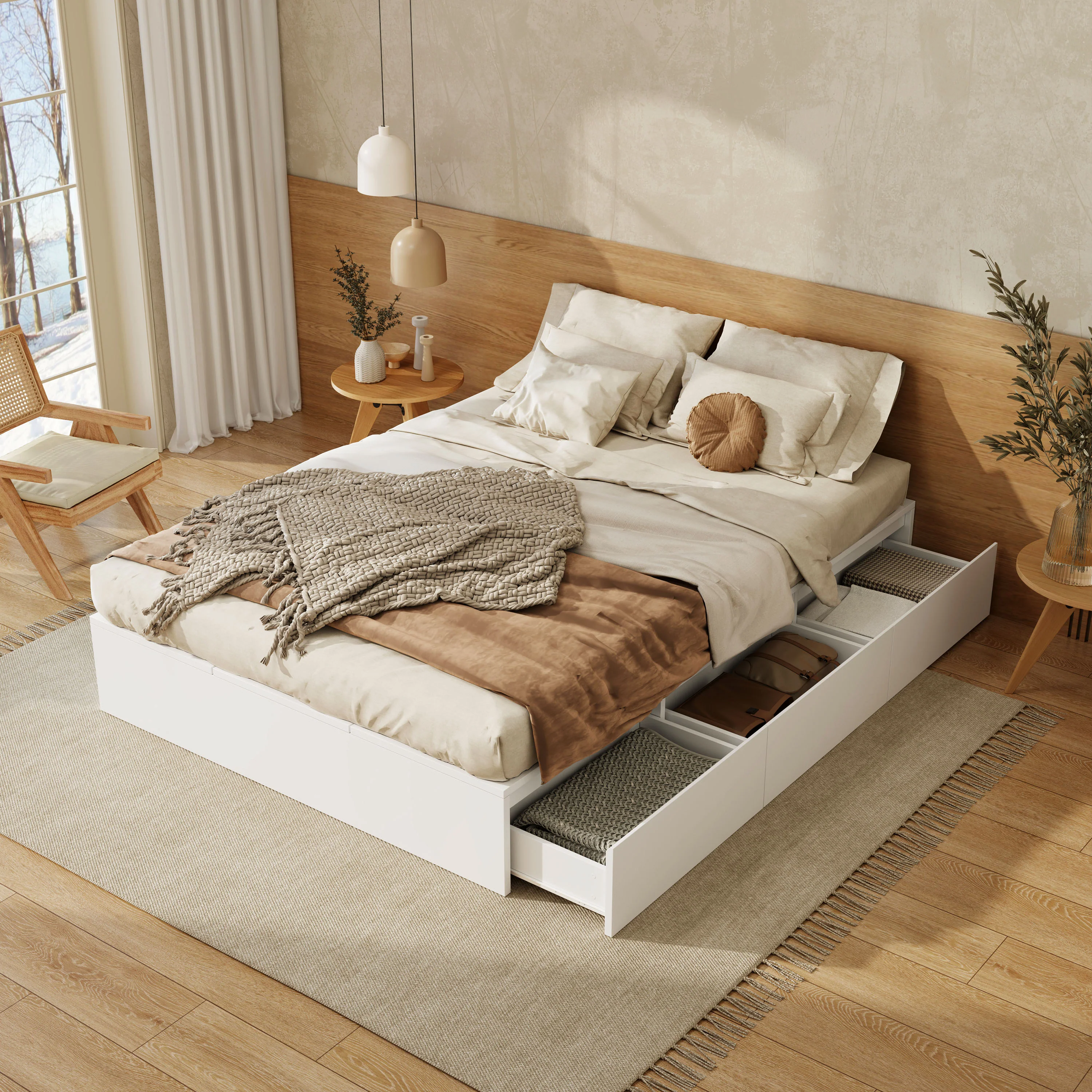 Solid Wood Storage Bed 140x200cm Pallet Drawers - White - Image 2