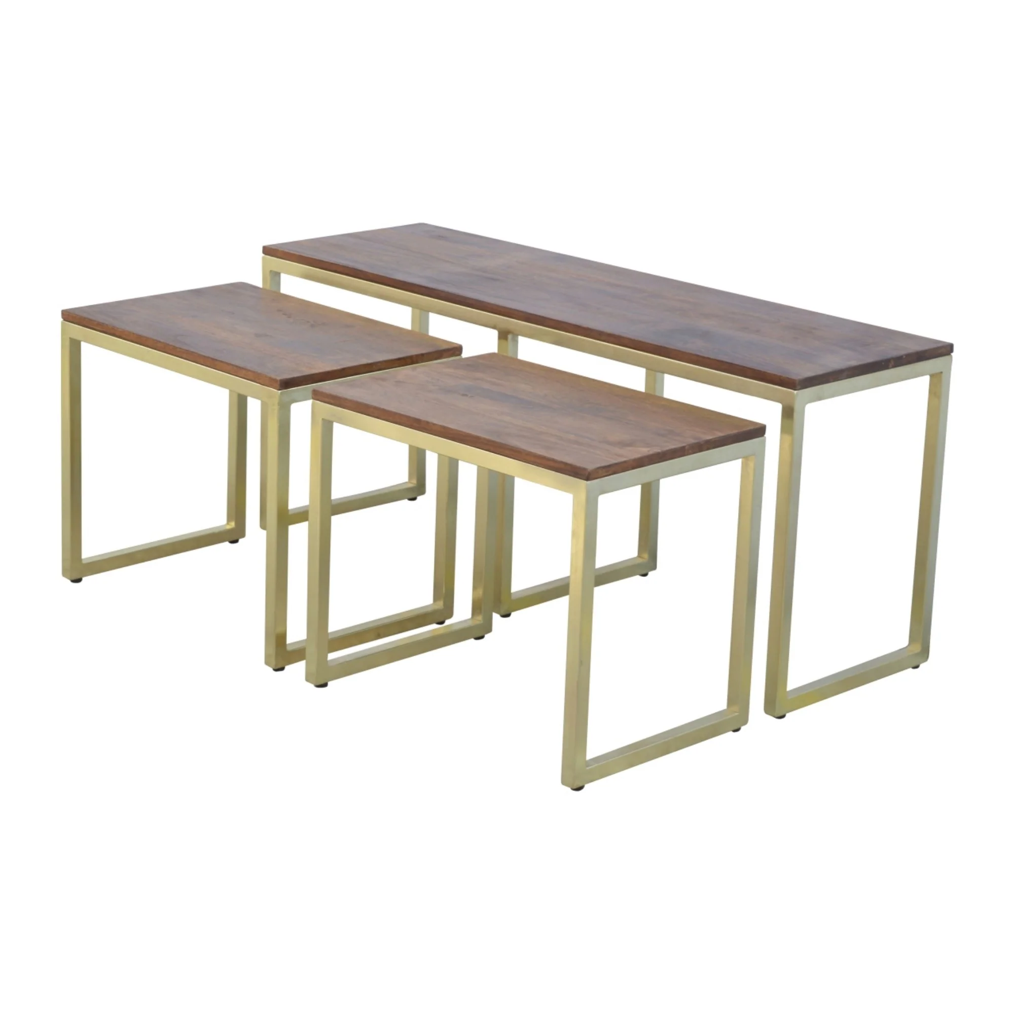 Solid Wood Table Set of 3, Metal Chunky Gold, Solid Wood - Image 2