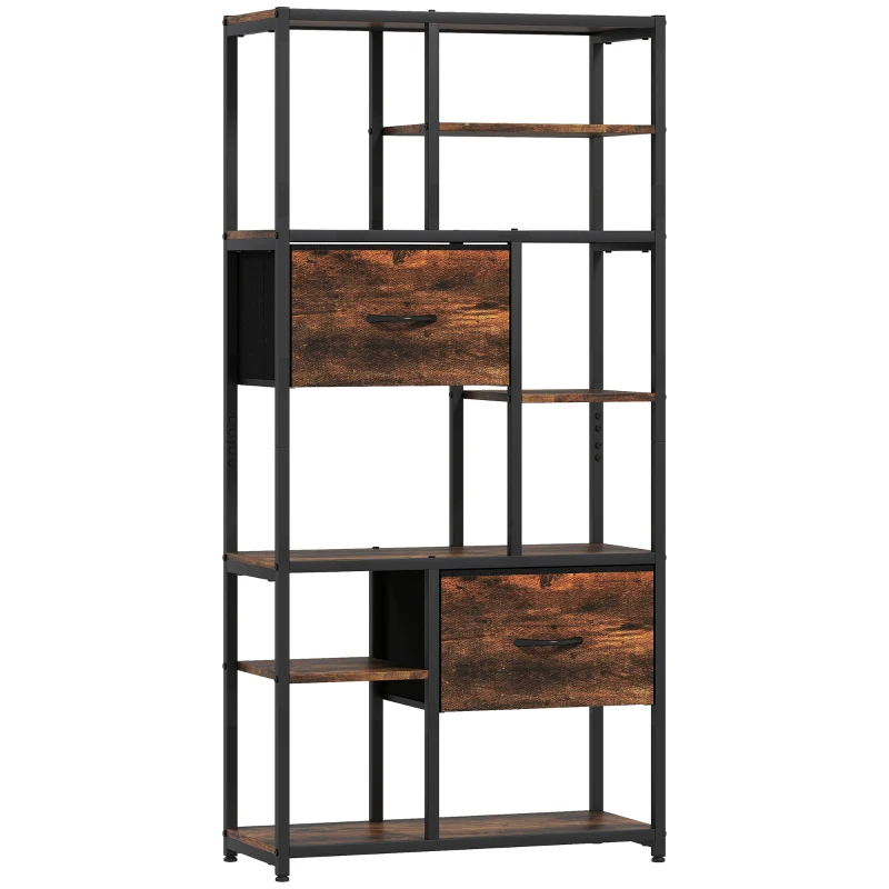 Storage Shelf 9 Open Compartments 2 Drawers Steel Frame - Brown/Black