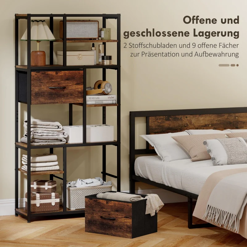 Storage Shelf 9 Open Compartments 2 Drawers Steel Frame - Brown/Black - Image 4