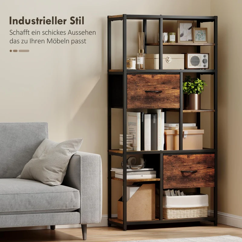 Storage Shelf 9 Open Compartments 2 Drawers Steel Frame - Brown/Black - Image 5