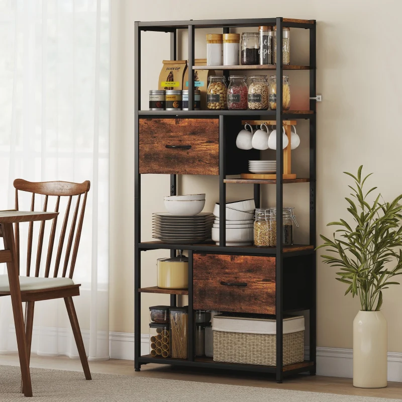 Storage Shelf 9 Open Compartments 2 Drawers Steel Frame - Brown/Black - Image 8