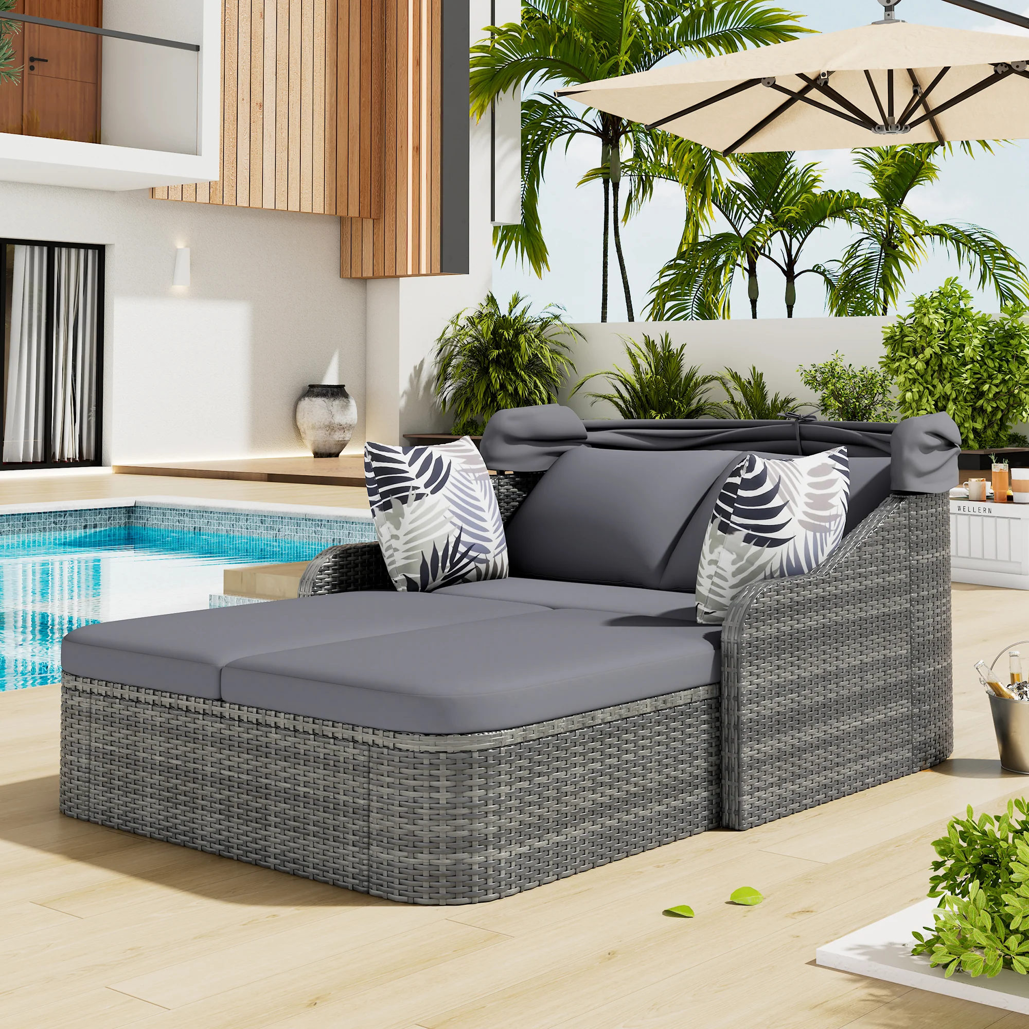 Sun Island Garden Lounge Set, PE Rattan Double Lounge Adjustable Canopy with 4 Cushions, Grey - Image 2