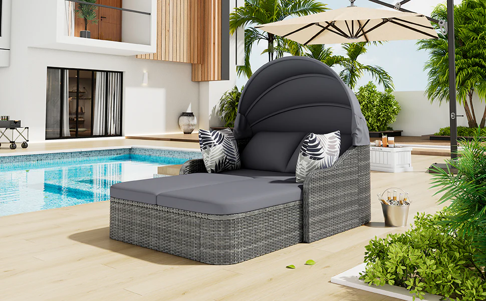 Sun Island Garden Lounge Set, PE Rattan Double Lounge Adjustable Canopy with 4 Cushions, Grey - Image 3