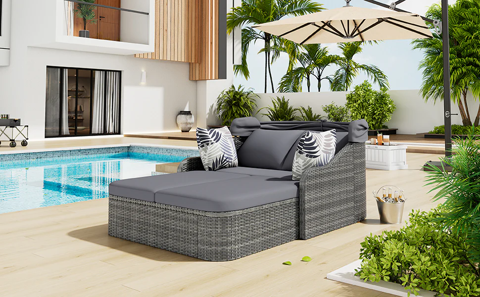 Sun Island Garden Lounge Set, PE Rattan Double Lounge Adjustable Canopy with 4 Cushions, Grey - Image 4