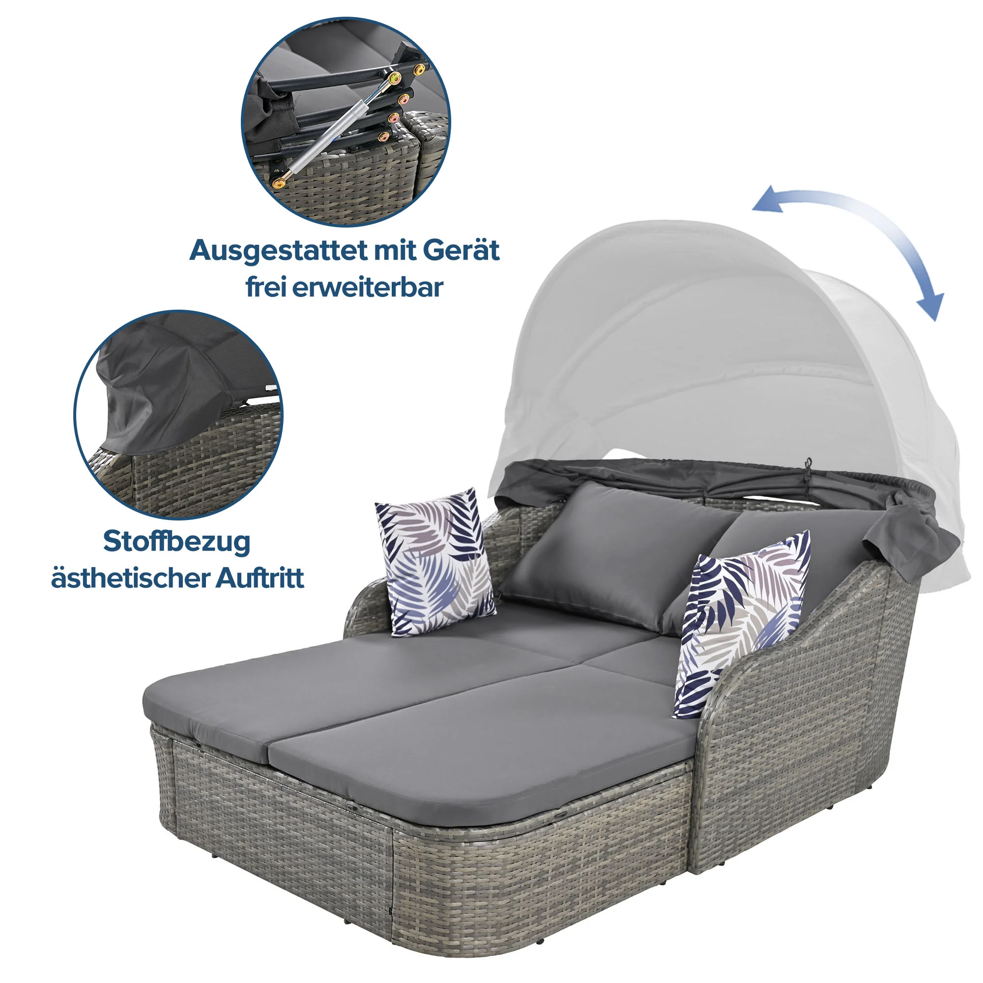 Sun Island Garden Lounge Set, PE Rattan Double Lounge Adjustable Canopy with 4 Cushions, Grey - Image 6
