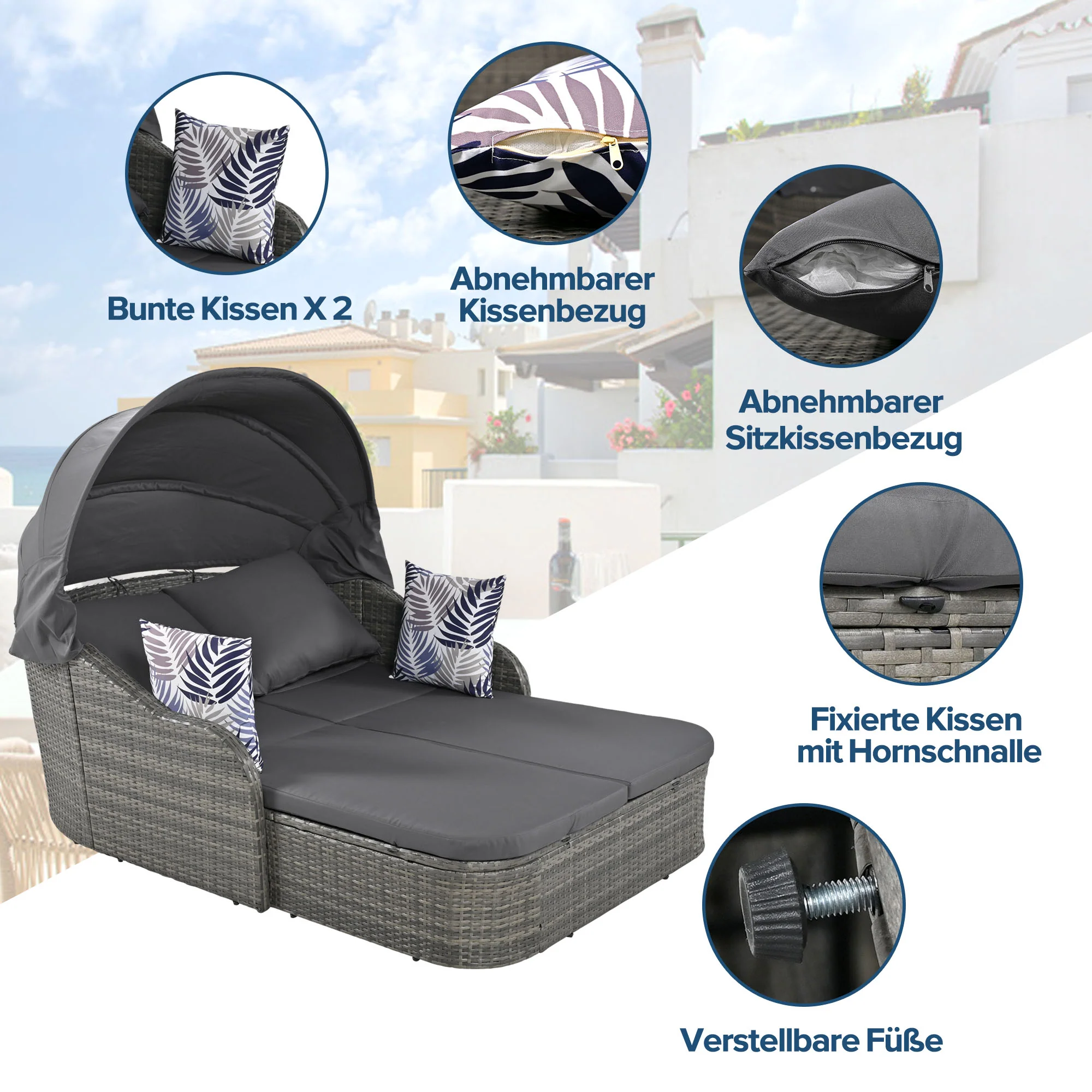 Sun Island Garden Lounge Set, PE Rattan Double Lounge Adjustable Canopy with 4 Cushions, Grey - Image 7