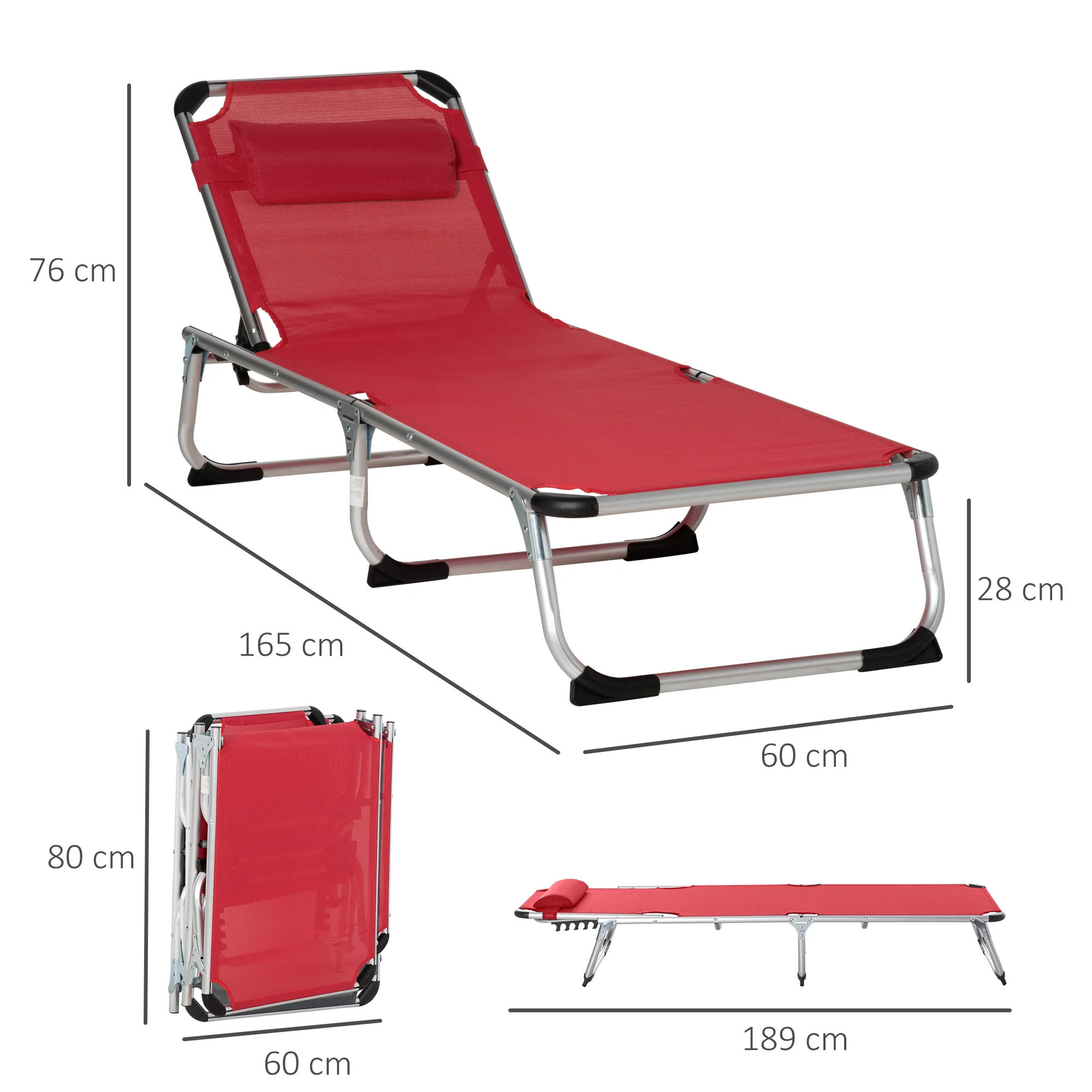 Sun Lounger, 5-Position Adjustable Foldable Ergonomic, Red Mesh Fabric - Image 3