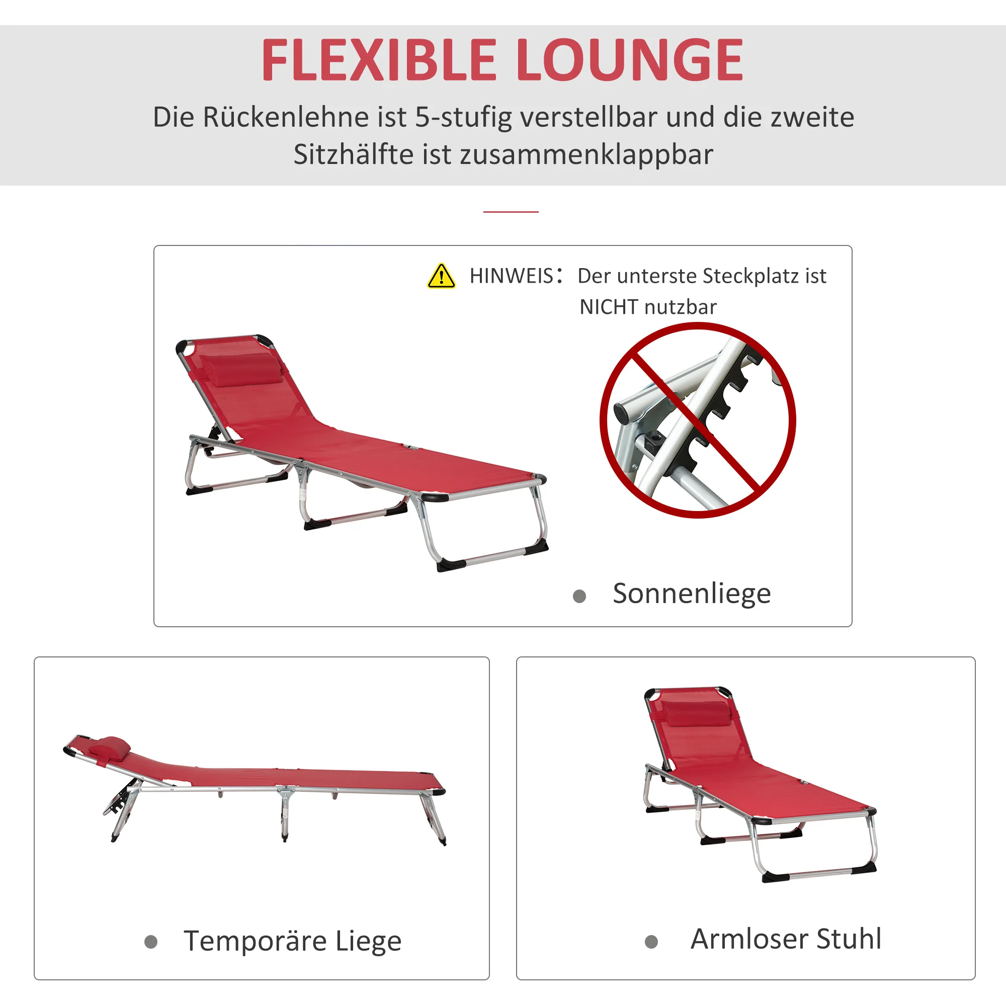 Sun Lounger, 5-Position Adjustable Foldable Ergonomic, Red Mesh Fabric - Image 5