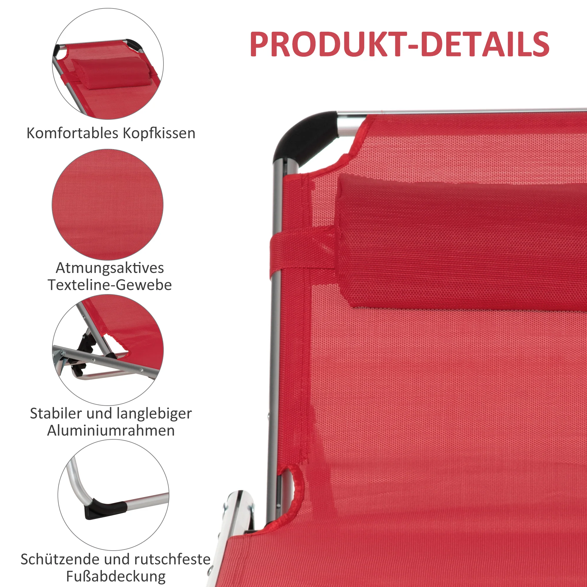 Sun Lounger, 5-Position Adjustable Foldable Ergonomic, Red Mesh Fabric - Image 6