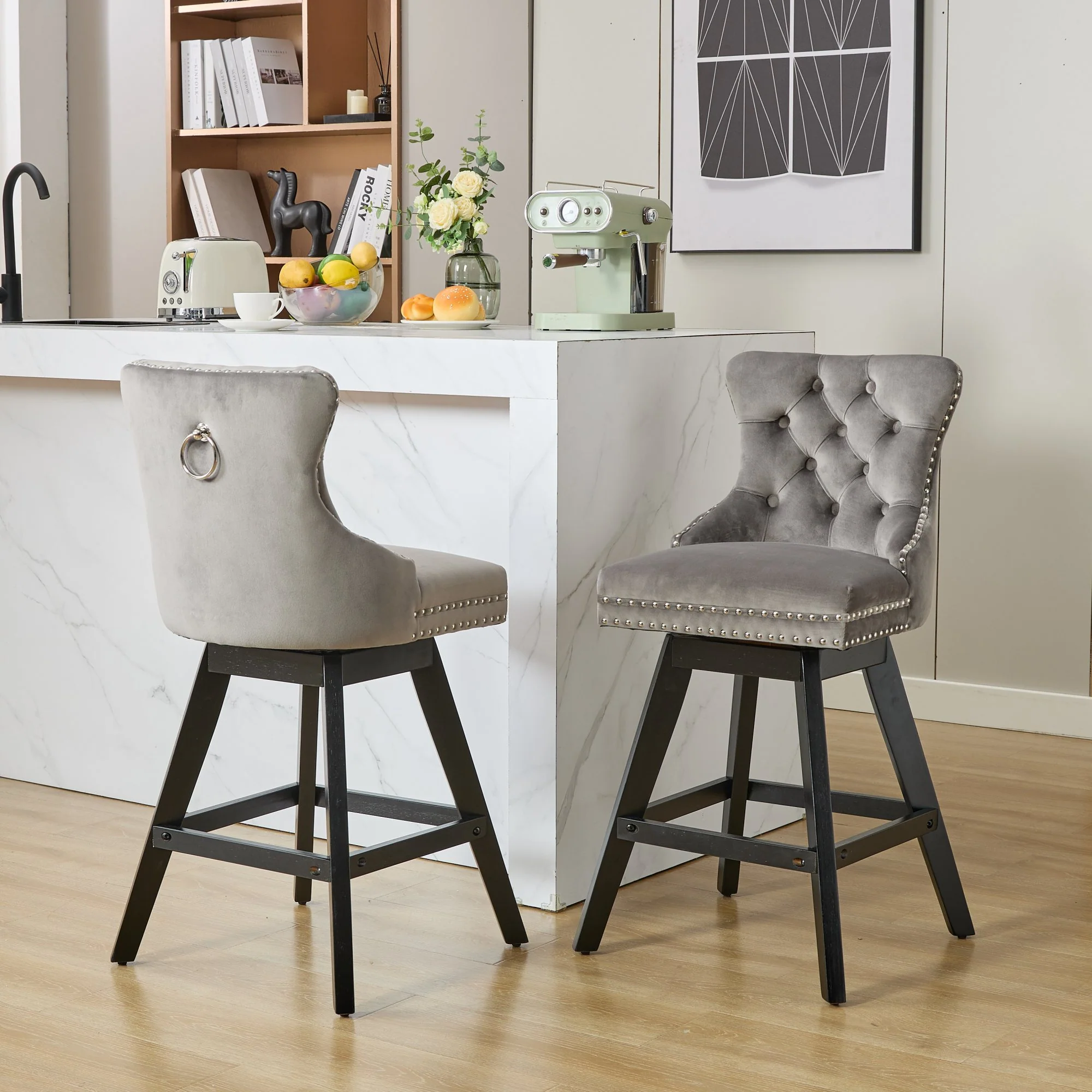 Swivel Barstools Velvet Button Tufted Wooden Legs Set of 2 - Gray