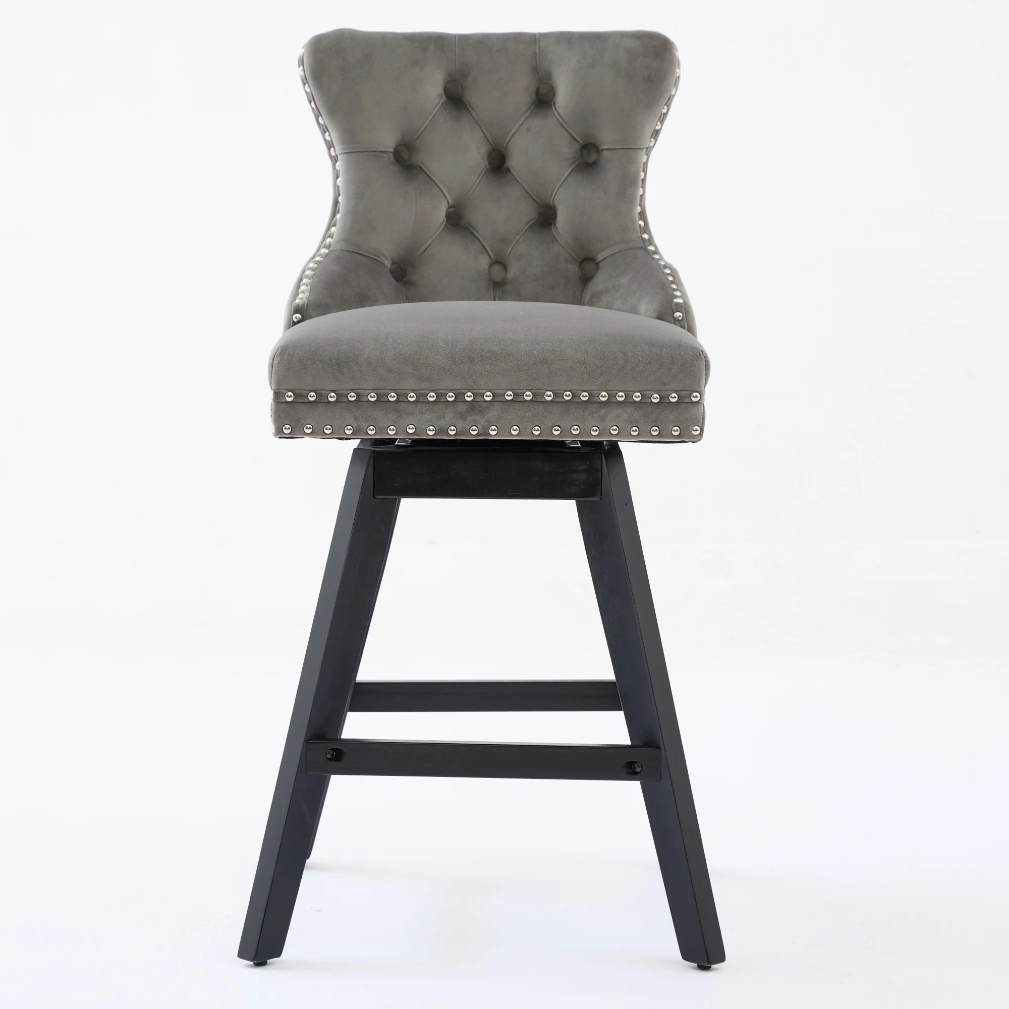 Swivel Barstools Velvet Button Tufted Wooden Legs Set of 2 - Gray - Image 2