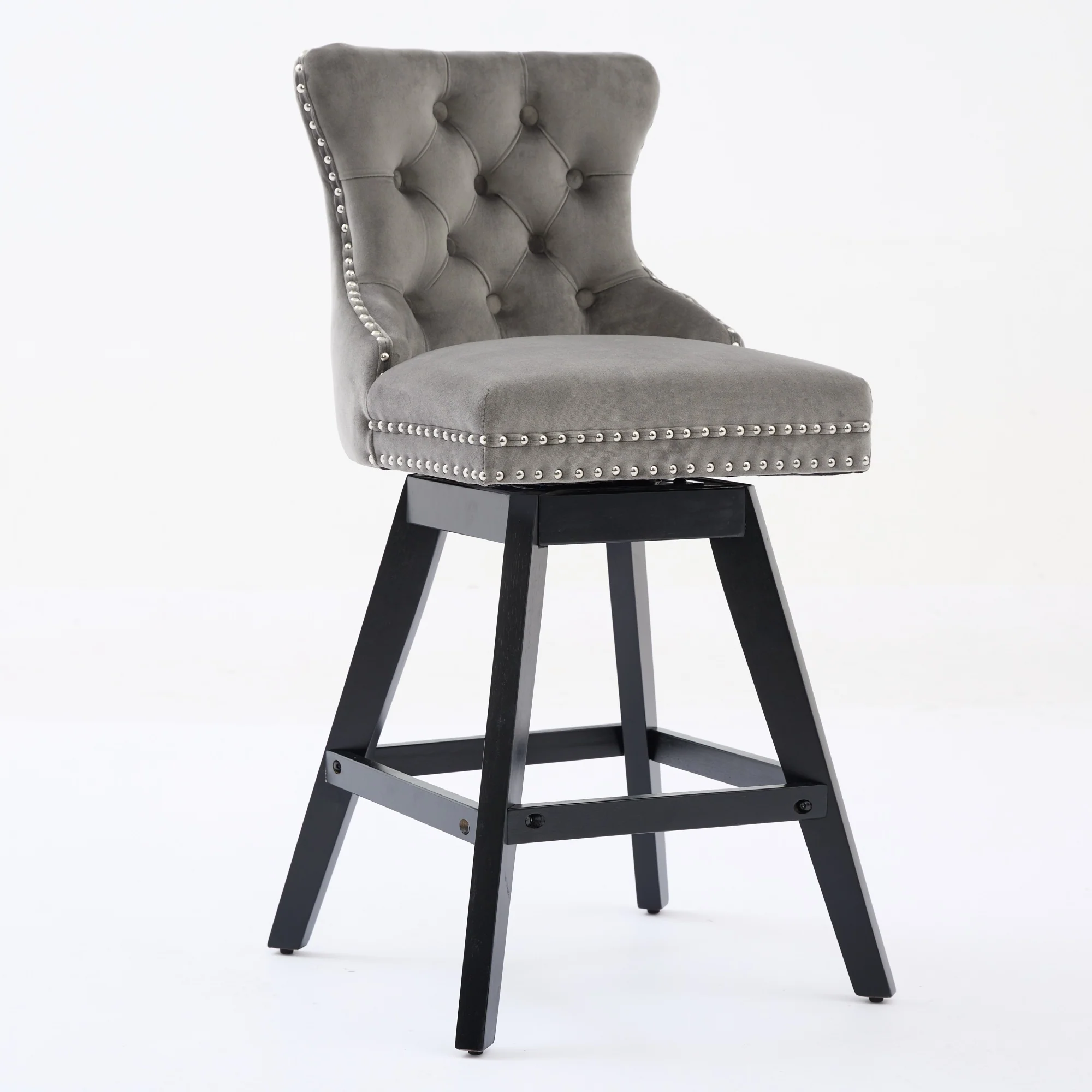 Swivel Barstools Velvet Button Tufted Wooden Legs Set of 2 - Gray - Image 3
