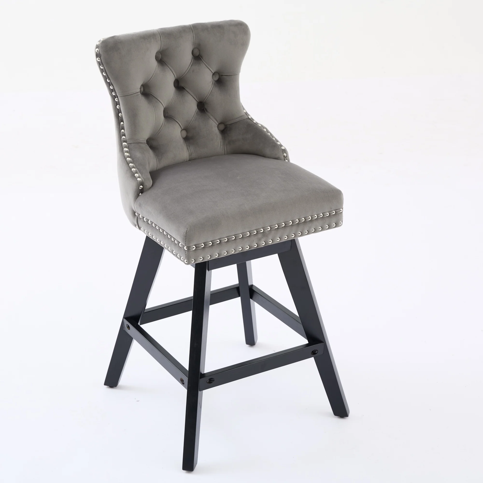 Swivel Barstools Velvet Button Tufted Wooden Legs Set of 2 - Gray - Image 4