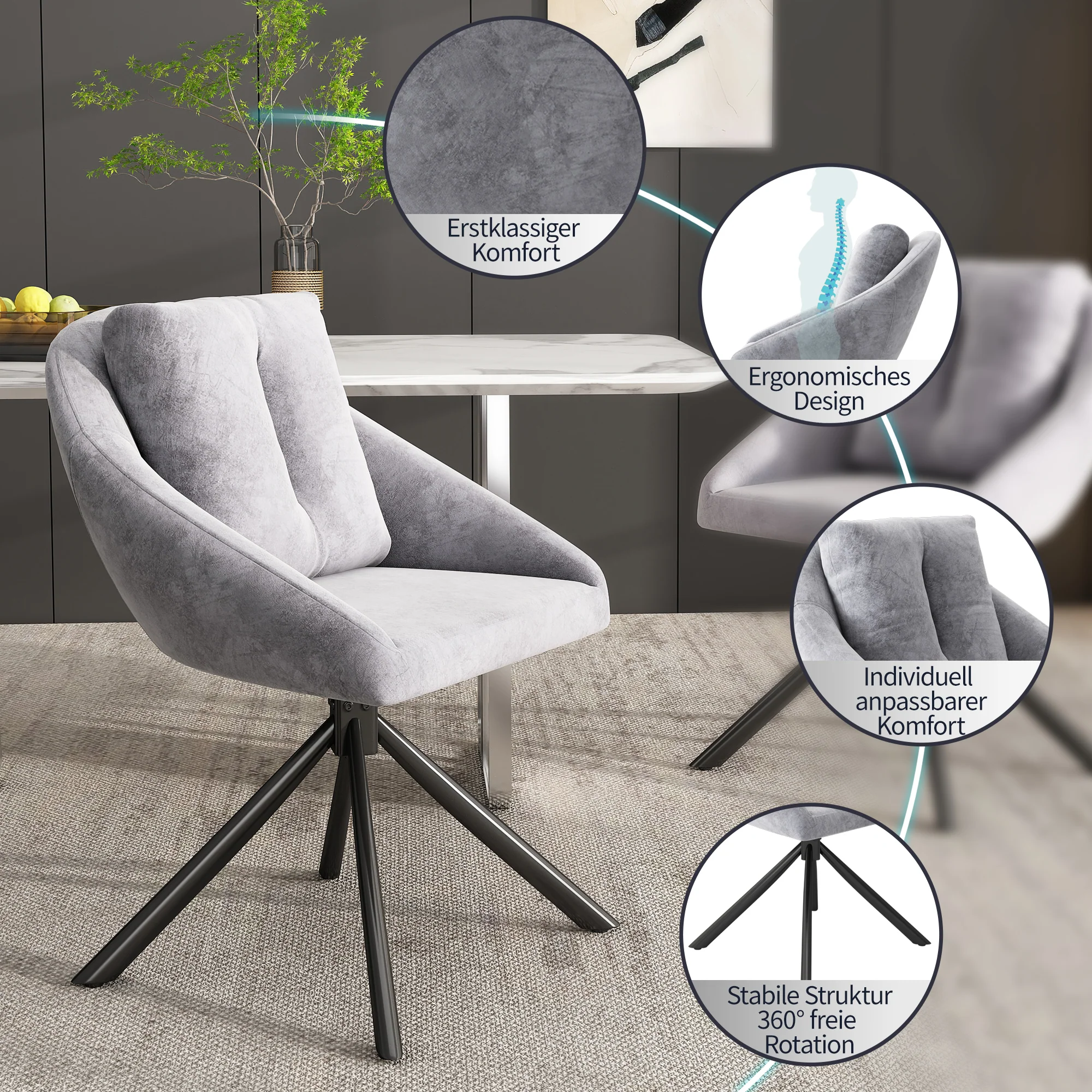 Swivel Dining Chair Set of 4 Ergonomic - Grey Velvet - Image 4