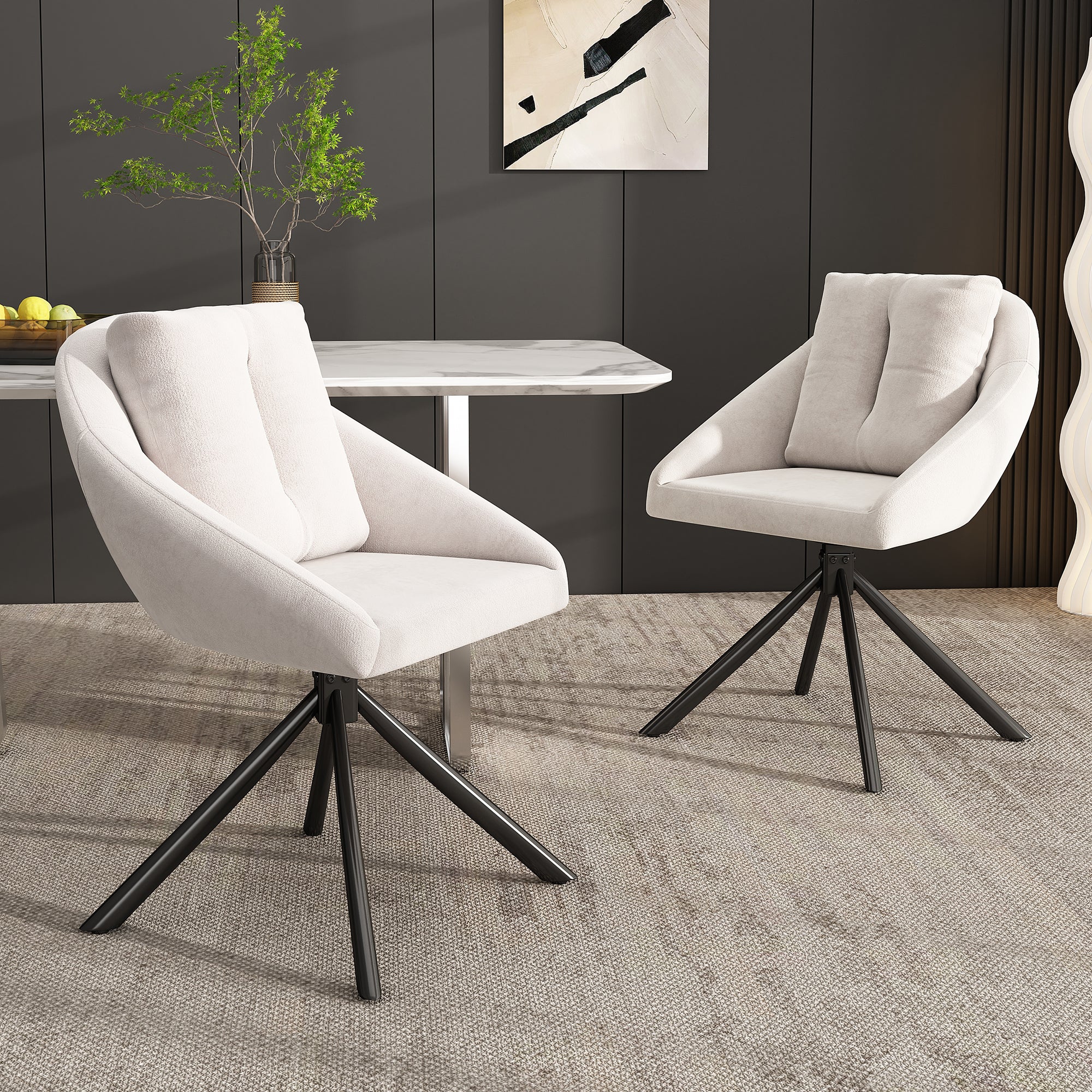 Swivel Dining Chair Set of 6 with Ergonomic Design and Breathable Fabric, Beige Velvet - Image 2