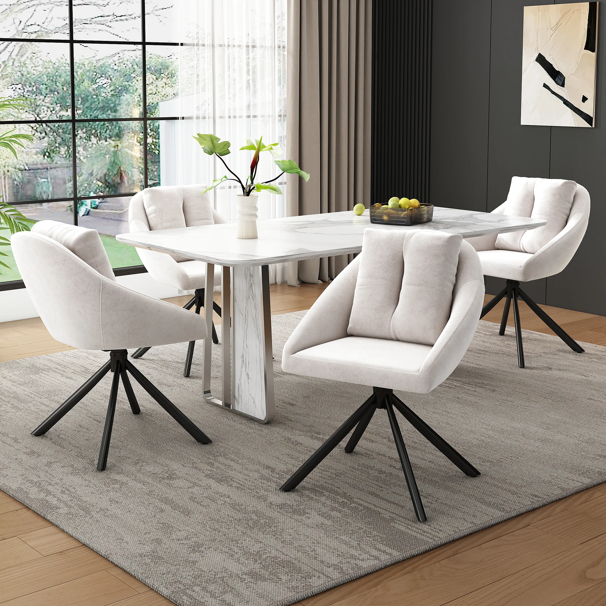 Swivel Dining Chair Set of 6 with Ergonomic Design and Breathable Fabric, Beige Velvet - Image 3