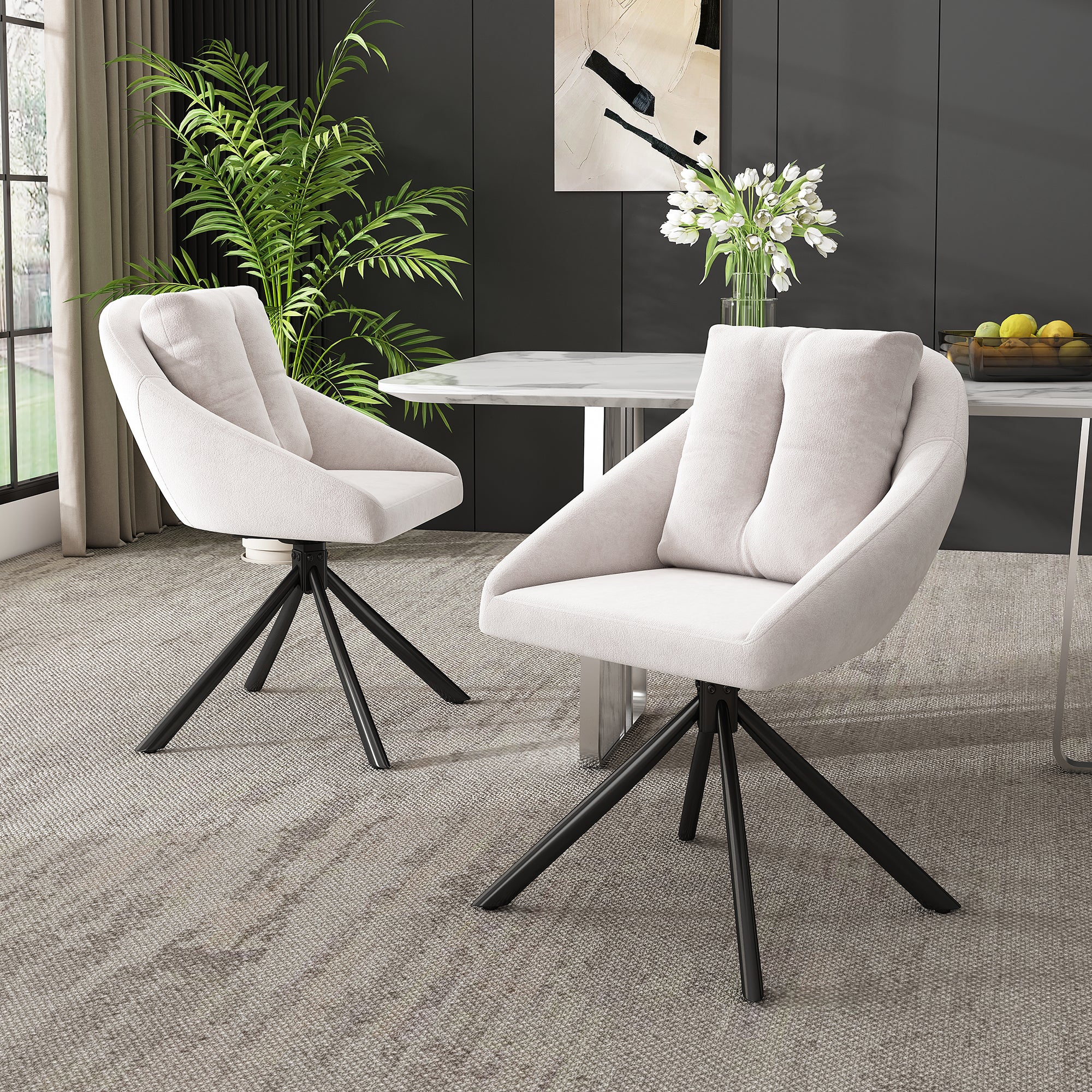 Swivel Dining Chair Set of 6 with Ergonomic Design and Breathable Fabric, Beige Velvet - Image 4
