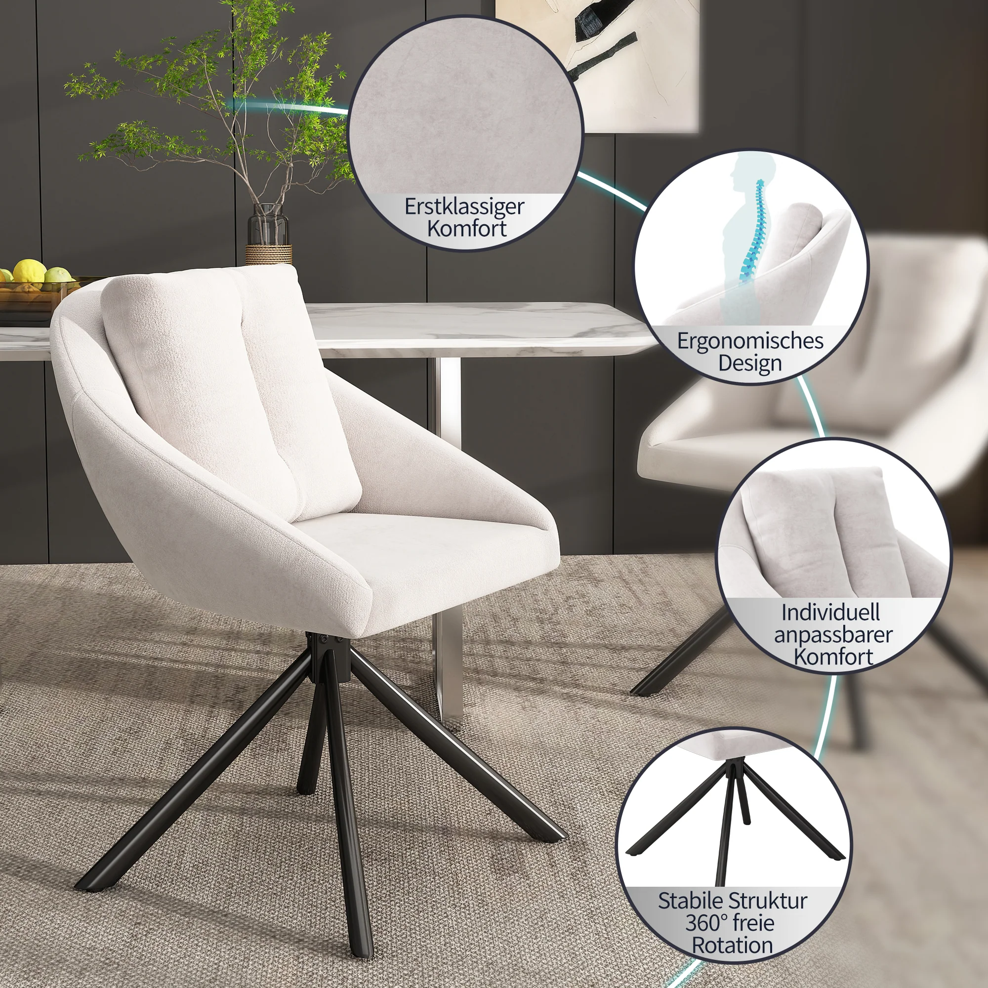 Swivel Dining Chair Set of 6 with Ergonomic Design and Breathable Fabric, Beige Velvet - Image 5